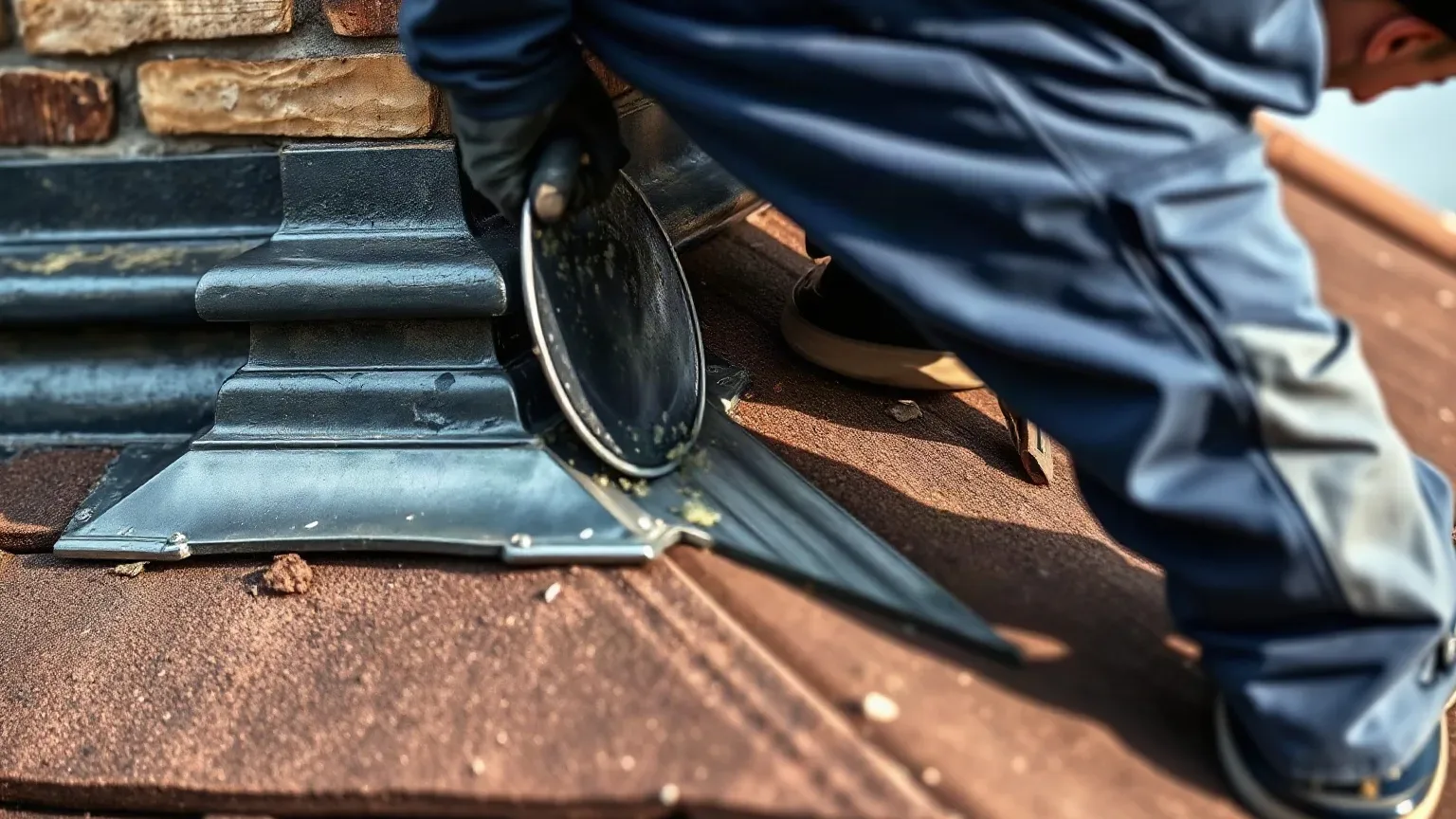 A roofer in full workwear kneeling beside a chimney stack on a pitched residential roof and using a metal roofing trowel to work fresh mortar into the joint between the lead flashing and the masonry chase above the clay tile course.
