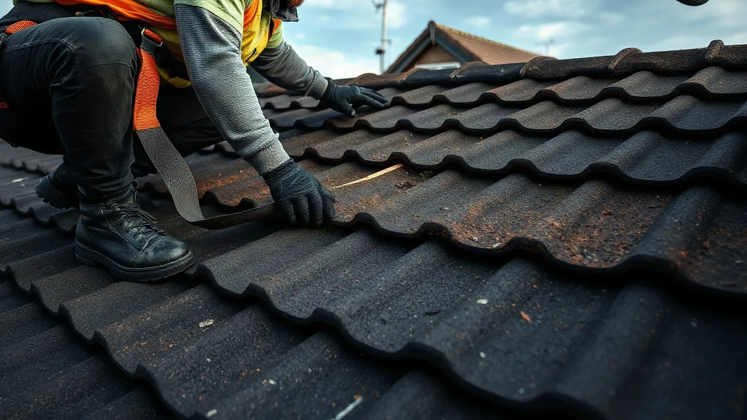 A roofer in a safety harness crouching urgently on a pitched residential roof and pressing a section of roofing felt underlayment back flat across a large area where multiple clay tiles have been blown free, containing the exposure before permanent repairs.