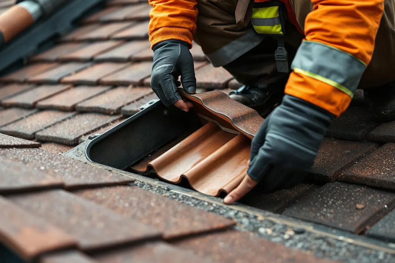 A roofer in full workwear crouching at the eaves of a pitched residential roof and carefully lifting a clay tile from the lowest course to reveal the roofing felt underlayment beneath while conducting an initial condition assessment.