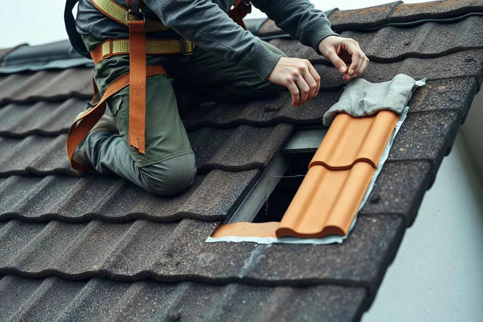 A roofer in a safety harness kneeling mid-slope on a pitched residential roof and pressing a replacement clay tile gently into the batten channel while roofing felt underlayment remains visible in the adjacent open section on a dull overcast day.