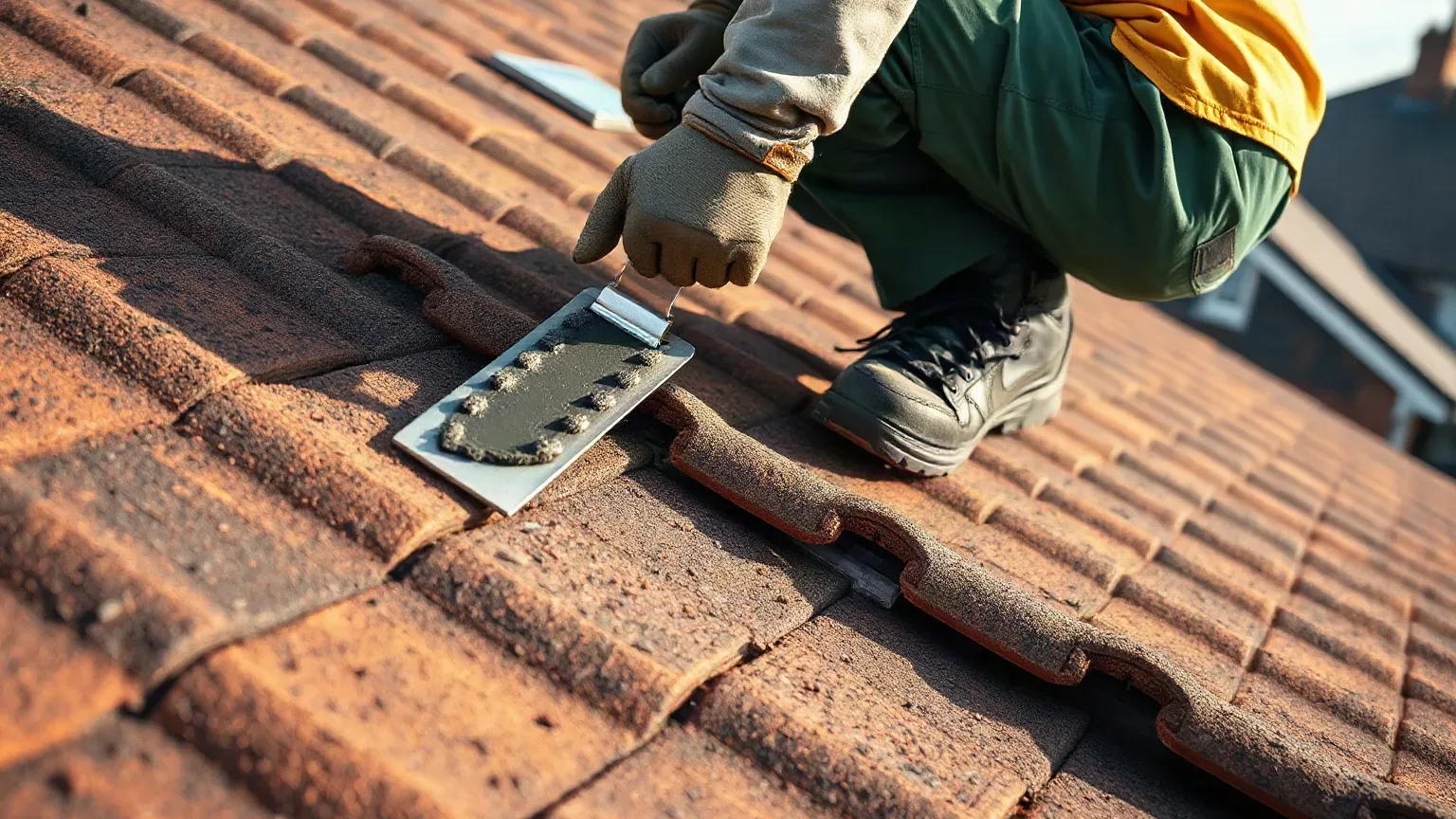 A roofer in full workwear crouching on a steeply pitched residential roof and using a metal roofing trowel to spread mortar along a batten before placing the first tile in a new course during a full re-roof.