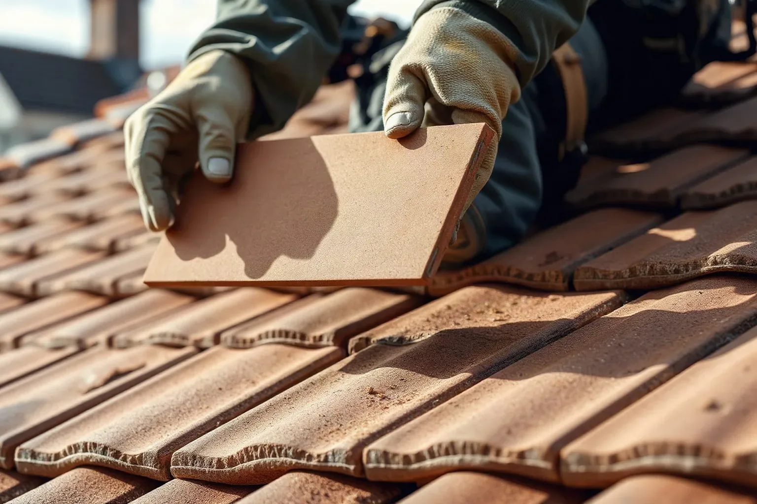 A roofer in a safety harness holding two clay tiles side by side on a pitched residential roof to compare thickness and grain before selecting the correct match for the existing course.