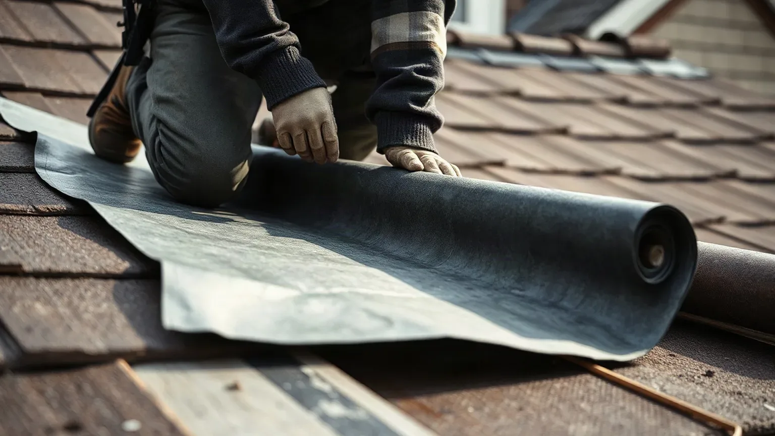A roofer in workwear kneeling on a partially stripped pitched residential roof and rolling out roofing felt underlayment across the exposed sarking boards from ridge to eaves before tiling begins.