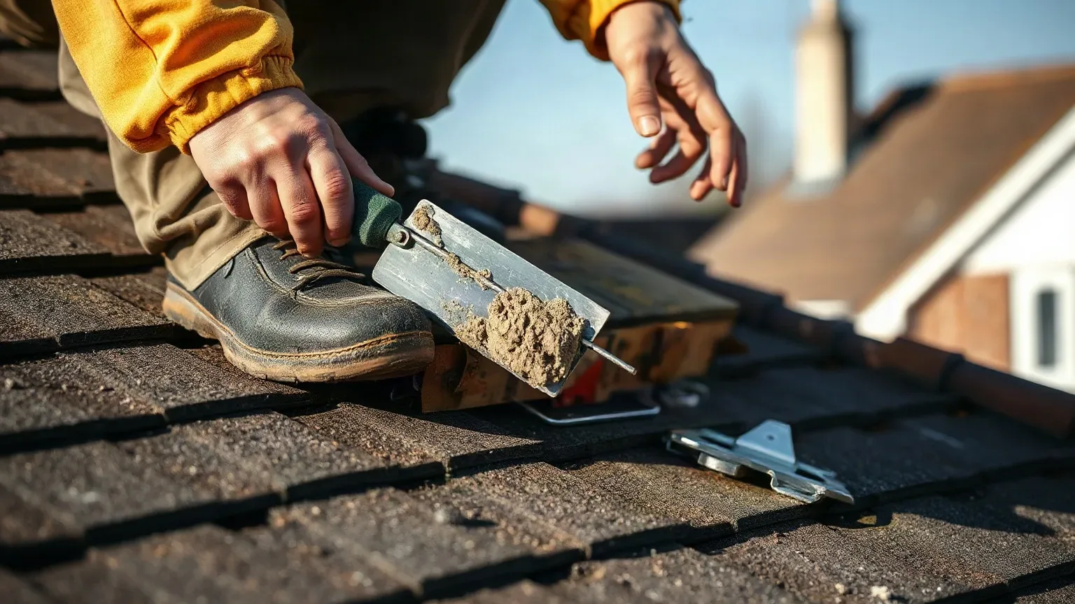A roofer in a safety harness using a metal roofing trowel to apply fresh mortar to the lead flashing around a chimney stack base during a full roof replacement on a pitched suburban detached house.