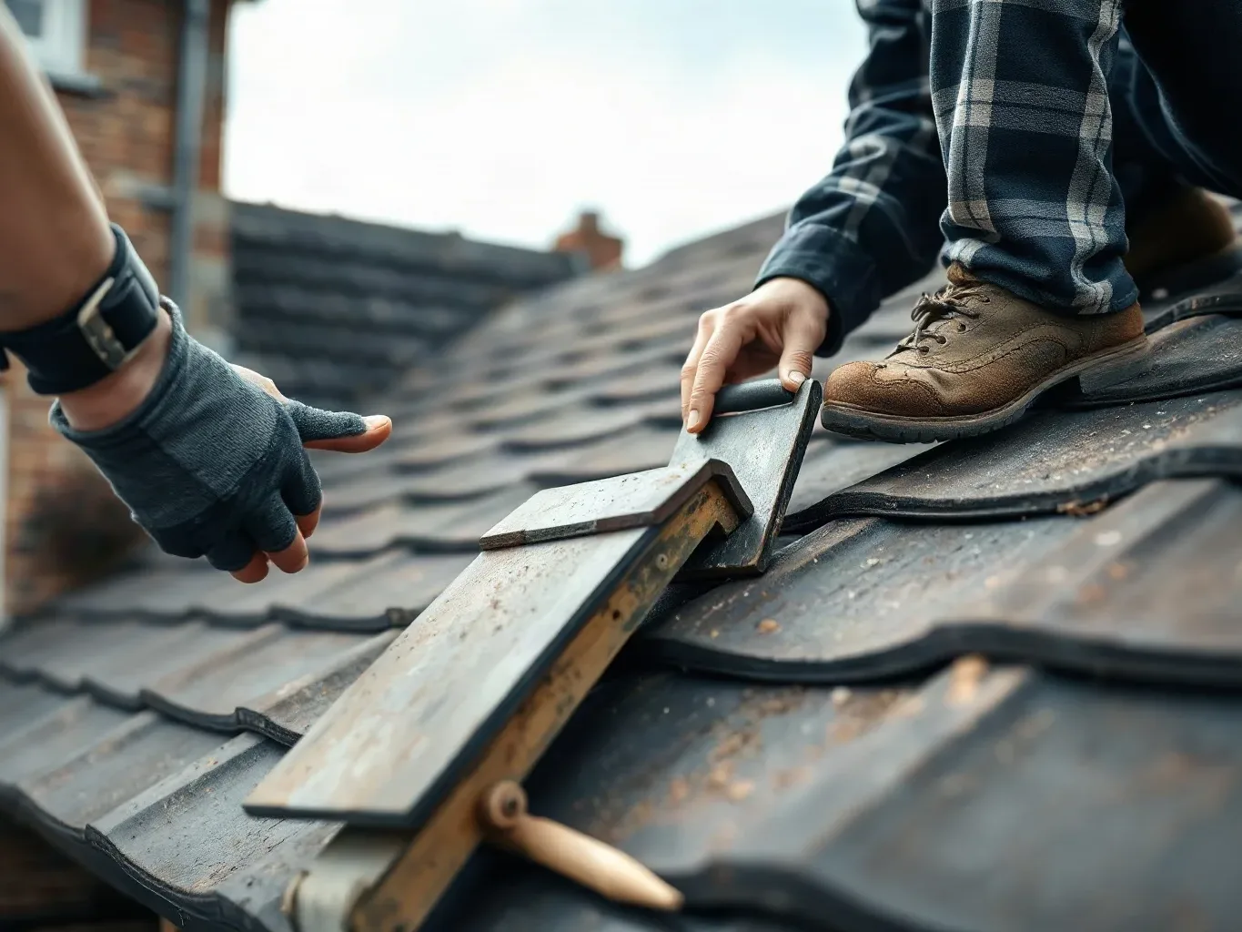 A roofer in full workwear crouching on a pitched residential roof and using a slate ripper tool to lift a clay tile and inspect the batten beneath for rot as part of a condition assessment to determine repair or replacement.