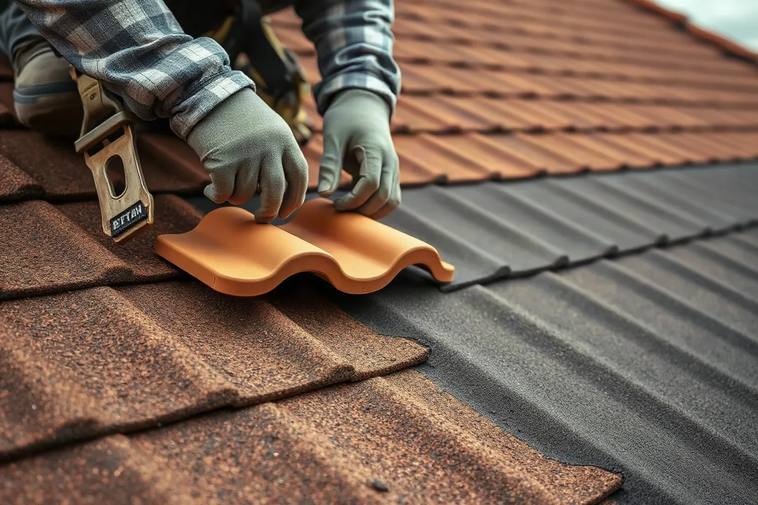 A roofer in a safety harness pressing a clay tile firmly down onto a freshly mortared batten on a pitched residential roof, the roofing felt underlayment still visible across the adjacent unfilled section.