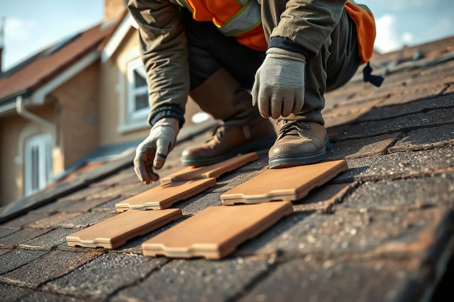 A roofer in full workwear crouching on a pitched residential roof and sorting through a selection of clay tiles of different sizes laid out beside them on the slope while assessing which best matches the existing course.