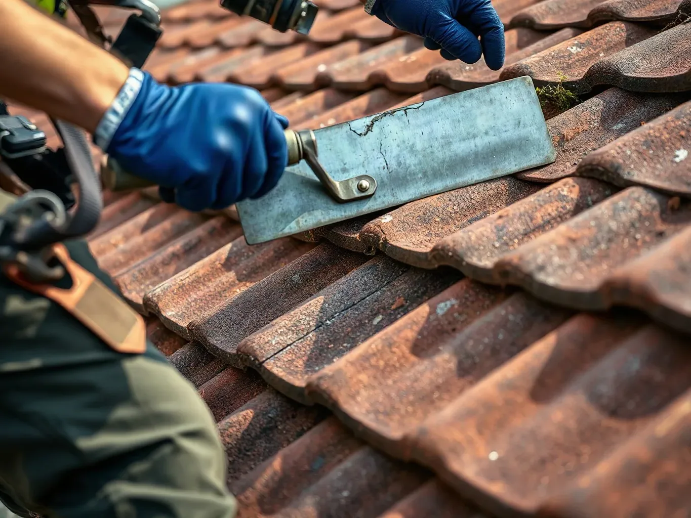 A roofer in a safety harness using a metal roofing trowel to lever a single cracked clay tile free from a course on a pitched suburban roof while the surrounding undisturbed tiles remain firmly in place.