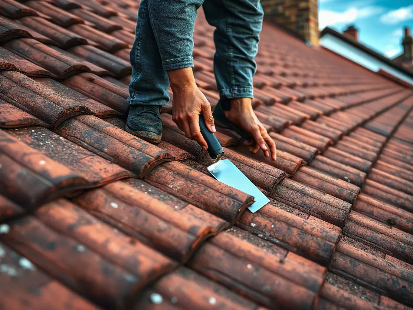 A roofer in full workwear standing upright on a pitched residential roof and systematically pressing each clay tile along a course to test its stability, metal roofing trowel held at their side.
