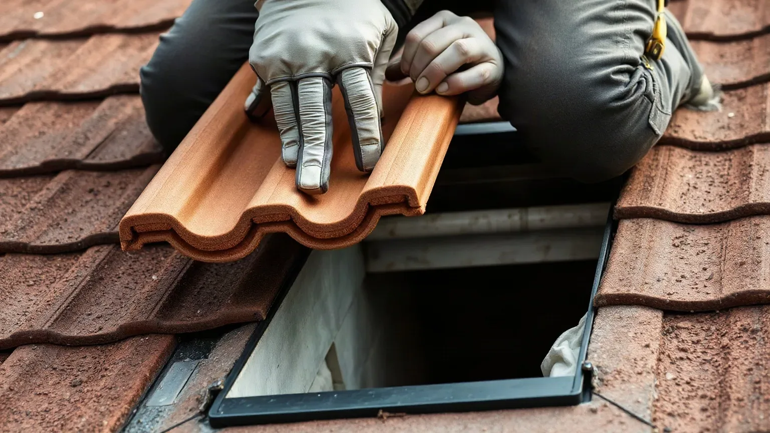 A roofer in a safety harness feeding a replacement clay tile carefully into position beneath the overlapping course above it on a pitched detached house roof while roofing felt underlayment is visible in the open channel below.
