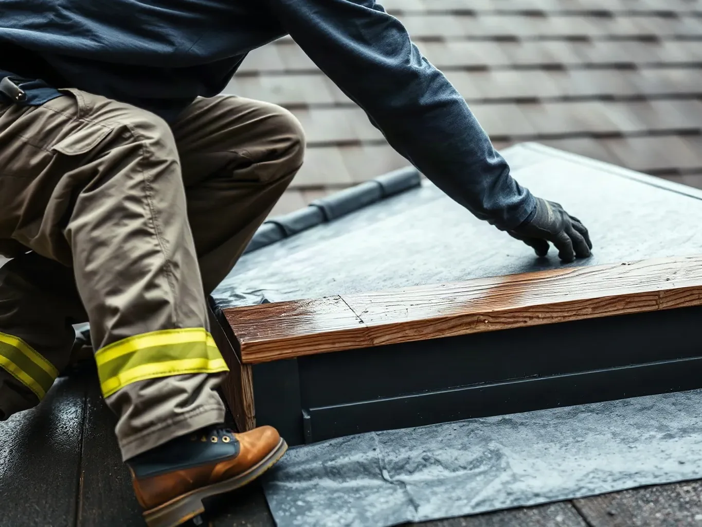 A roofer in full workwear crouching at the edge of a flat dormer section and smoothing roofing felt underlayment flat across the deck before weighting its edge with a timber batten on a damp overcast day.