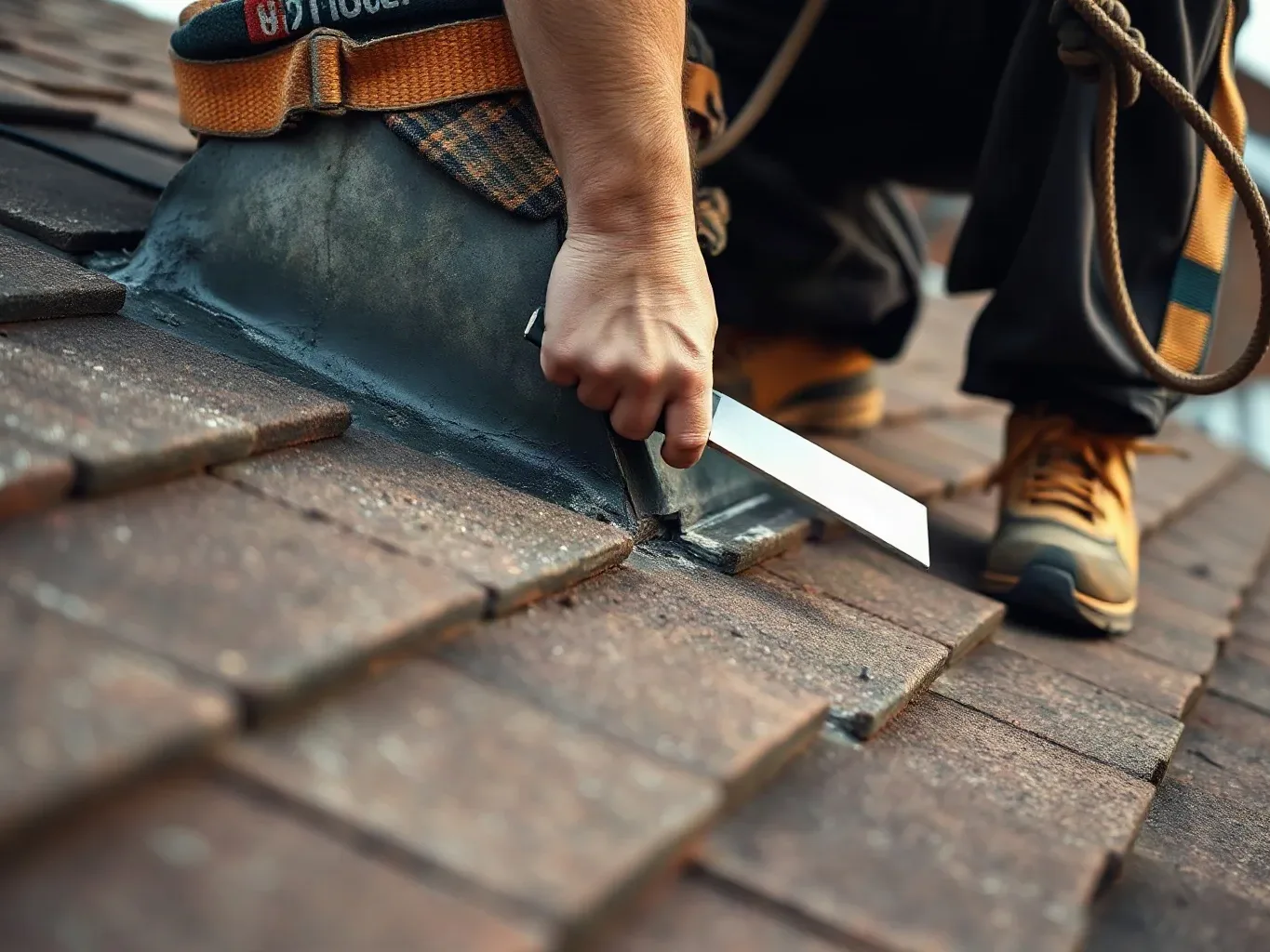 A roofer in a safety harness crouching beside a chimney stack on a pitched residential roof and pressing freshly applied lead flashing firmly into the mortar joint at the base of the masonry with a metal roofing trowel.