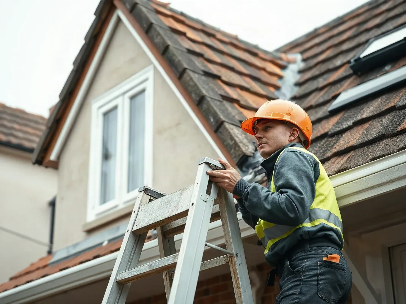 A roofer in full workwear standing at the foot of a ladder propped against a pitched residential roof and looking upward to locate the position of several missing clay tiles before ascending to carry out a close inspection.