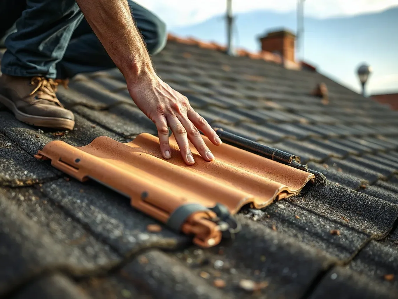 A roofer in a safety harness crouching on a pitched residential roof and carefully pressing their hand against a section of lifted roofing felt underlayment that is visible beneath a displaced clay tile to confirm the extent of exposure.