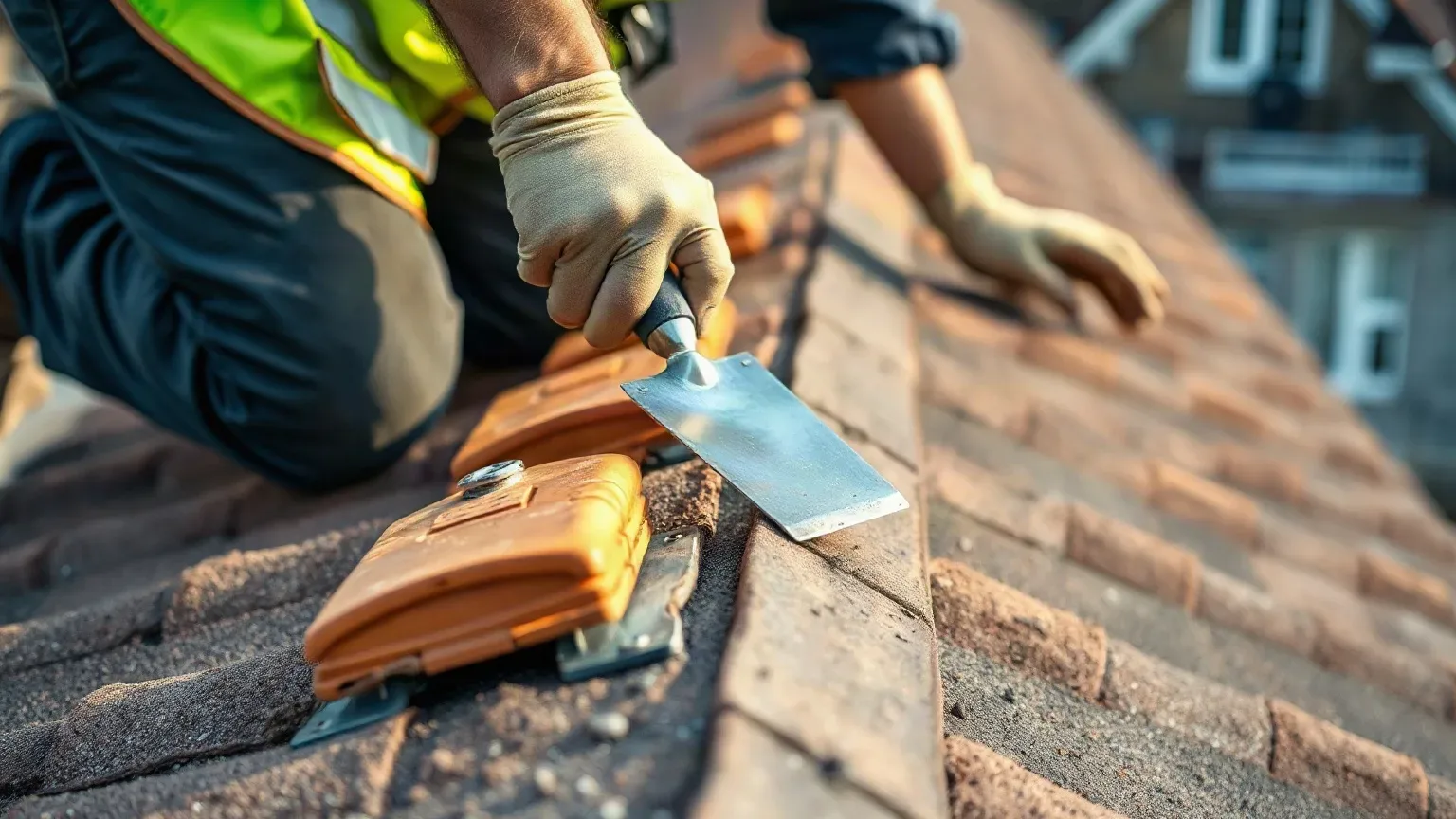 A roofer in full workwear kneeling at the ridge of a pitched residential roof and using a metal roofing trowel to probe the mortar bed of a loose clay ridge tile during a site visit before preparing a repair estimate.