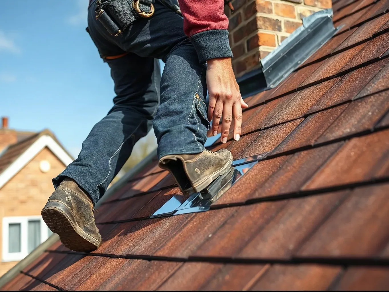 A roofer in a safety harness standing on a pitched residential roof beside a chimney stack and pressing the lead flashing at its base to demonstrate where it has lifted away from the masonry while assessing the repair scope.