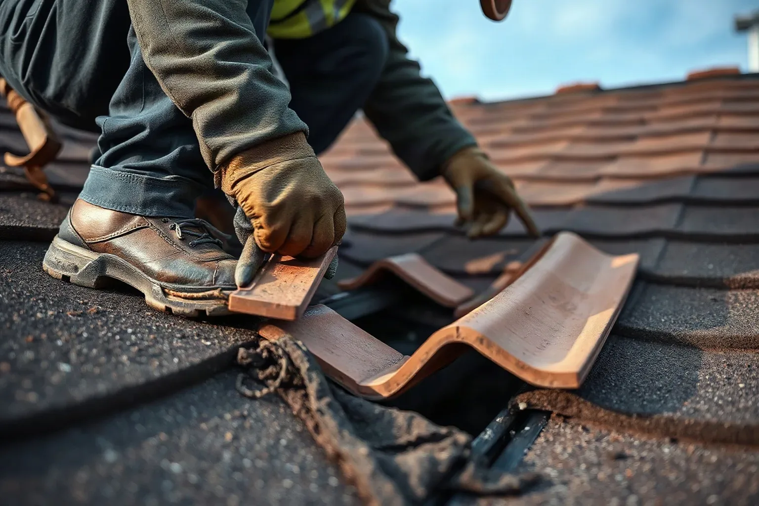 A roofer in full workwear crouching on a pitched residential roof and setting a replacement clay tile beside an open gap in the course while roofing felt underlayment is exposed below, preparing to begin the agreed repair work.