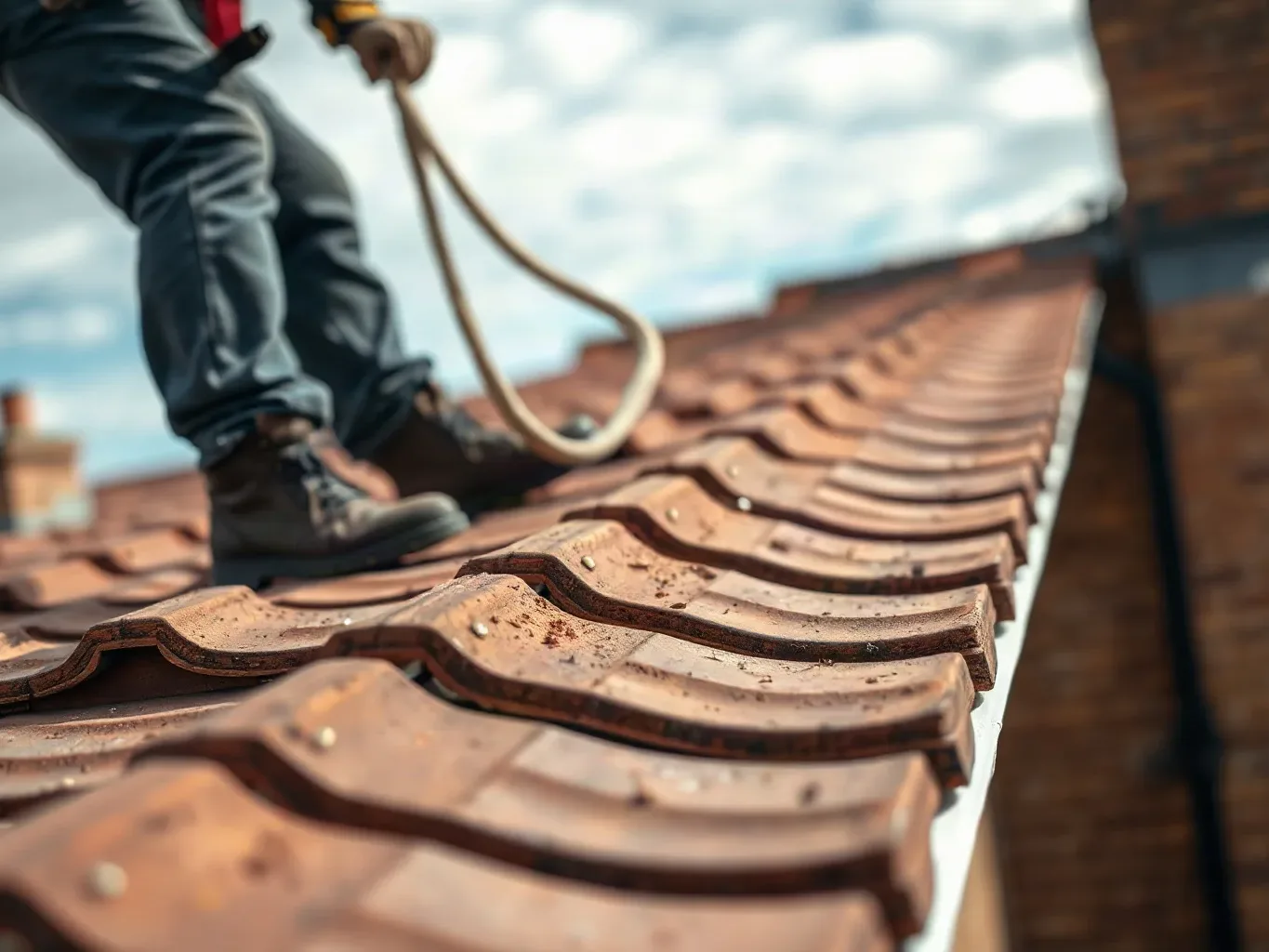 A roofer in a safety harness moving carefully across a pitched residential roof and tapping clay tiles methodically along a run of three courses to identify hollow-sounding loose fixings before producing a written scope of works.