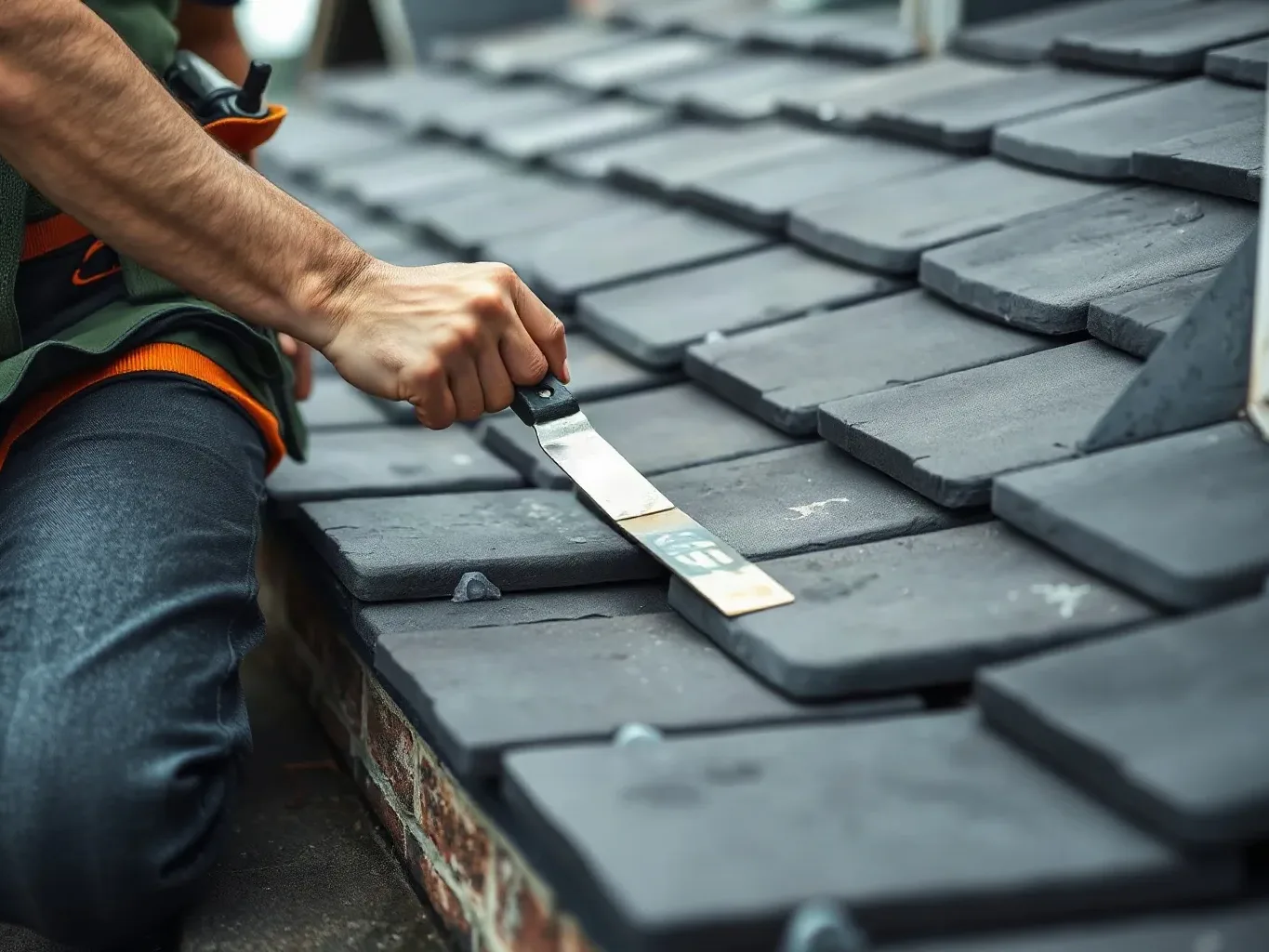 A roofer in a safety harness kneeling on a pitched residential roof and pressing the flat of a metal roofing trowel against the surface of a recently laid Scottish slate course to check the tiles are lying uniformly flat after fixing.
