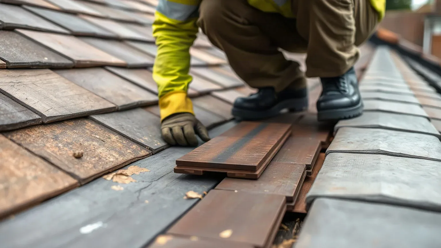 A roofer in full workwear crouching on a pitched residential roof and laying two imported slate tiles beside an existing weathered course to assess how closely their thickness and colour match the surrounding slates before fixing.