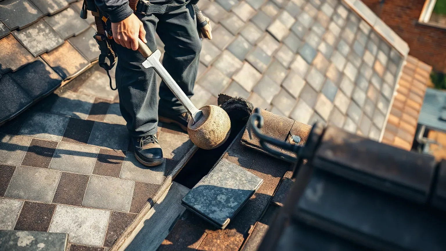 A roofer in a safety harness standing on a pitched residential roof beside an open section and using a slate ripper tool to free the last remaining tile from a damaged run before the replacement slates are brought up for installation.