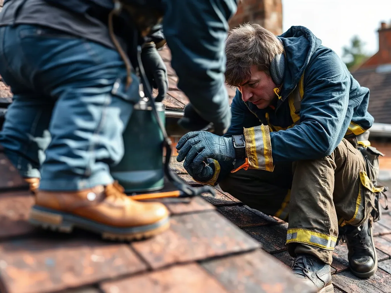 A roofer in full workwear crouching beside a chimney stack on a pitched residential roof and examining the lead flashing where it tucks beneath the adjacent slate course while assessing what materials the conservation area specification requires.
