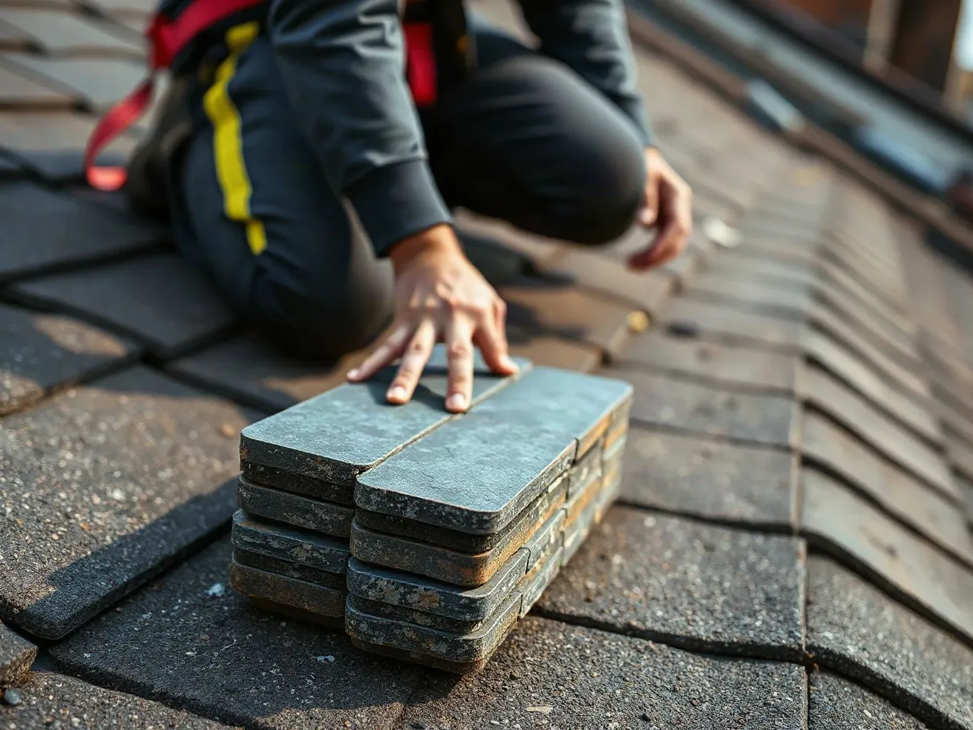 A roofer in a safety harness kneeling on a pitched residential roof and sorting through a small stack of reclaimed slate tiles set on the slope beside them to identify those of the correct gauge and dimension for the repair in progress.