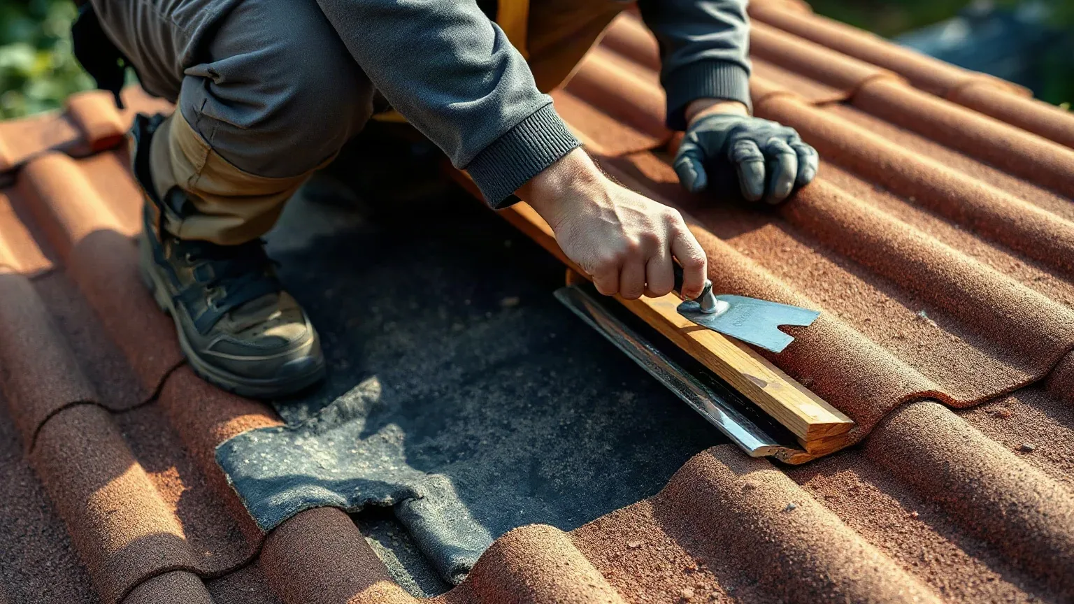 A roofer in full workwear crouching on a pitched residential roof and using a metal roofing trowel to trim the edge of a roofing felt underlayment sheet that has overlapped too far into the open tile channel during a re-roofing operation.