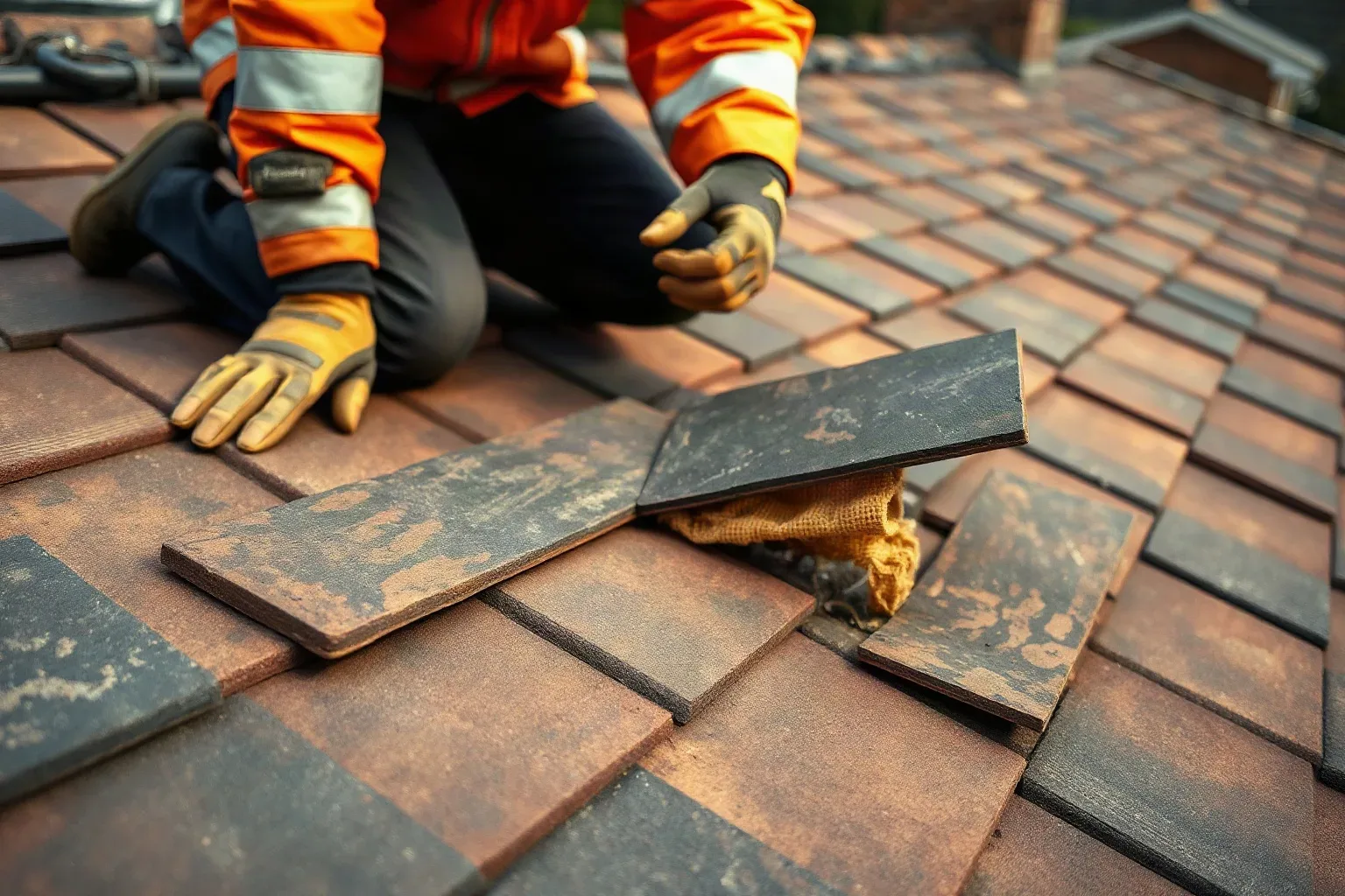 A roofer in full workwear kneeling on a pitched residential roof and laying a fresh slate tile alongside an aged one already in the course to compare density and surface condition while roofing felt underlayment shows beneath a neighbouring lifted tile.