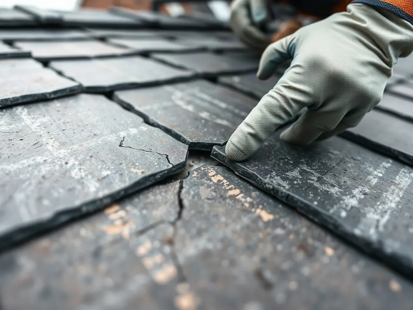 A roofer in a safety harness running a gloved finger along a cracked slate tile on a pitched residential roof to trace where frost damage has split the surface while the surrounding undamaged tiles remain in place on a wet overcast day.