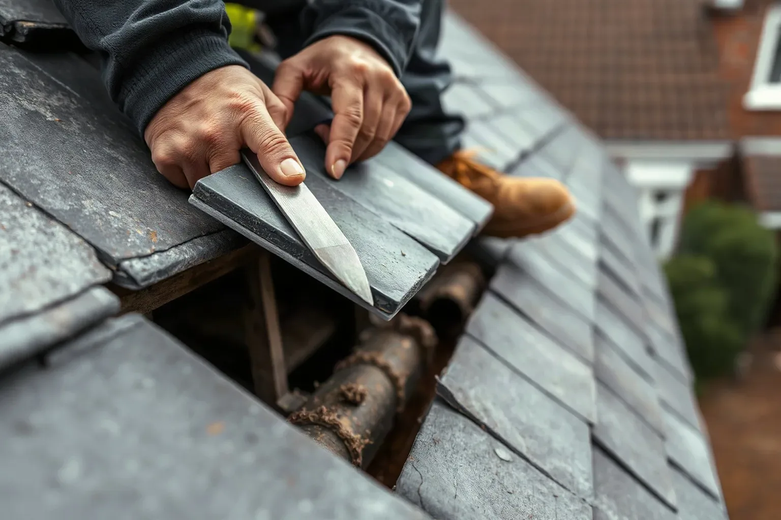 A roofer in full workwear using a slate ripper tool to slide beneath a slipped slate tile on a pitched residential roof and check whether the nail fixing has corroded through while the roofing felt underlayment is exposed beneath the open gap on a grey afternoon.