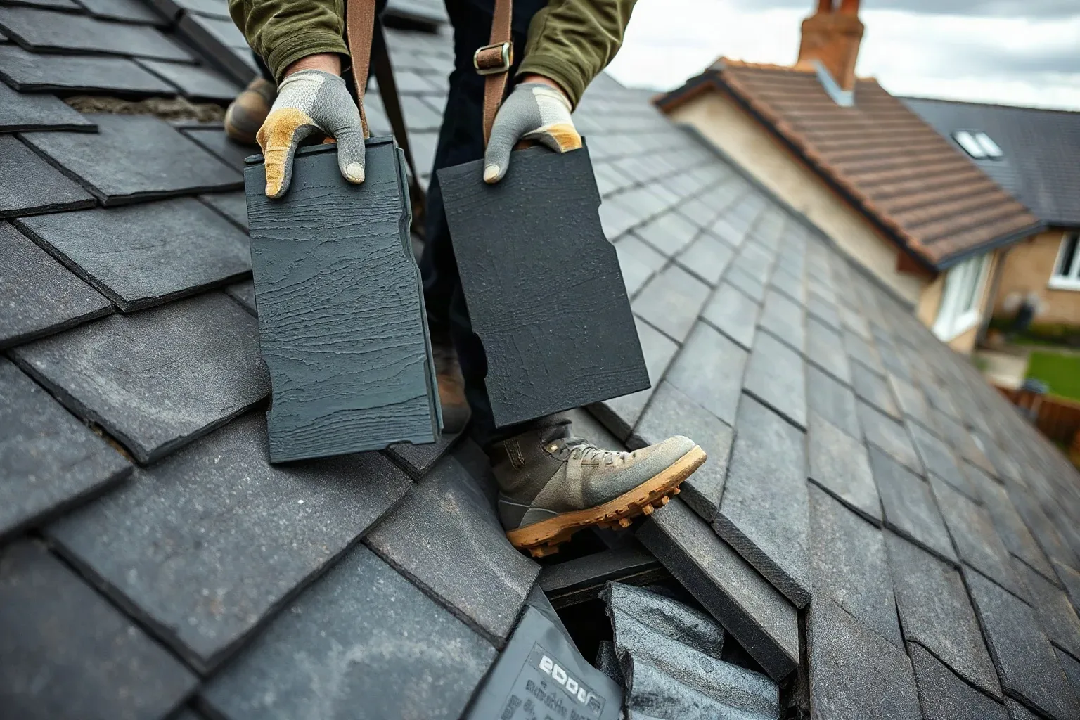 A roofer in a safety harness holding two slate tiles side by side on a pitched residential roof and comparing their colour and grain with the existing course while roofing felt underlayment is visible in the channel below on a dull overcast day.