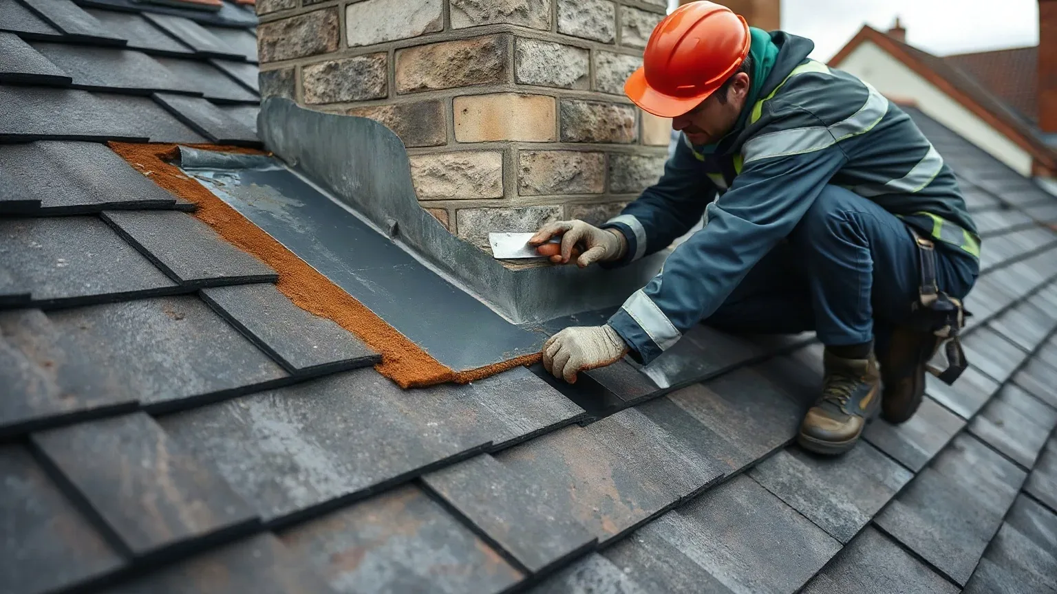 A roofer in full workwear crouching beside a chimney stack on a pitched residential roof and applying fresh mortar with a metal roofing trowel around the base of the lead flashing where it meets the surrounding slate tile course on a grey overcast day.