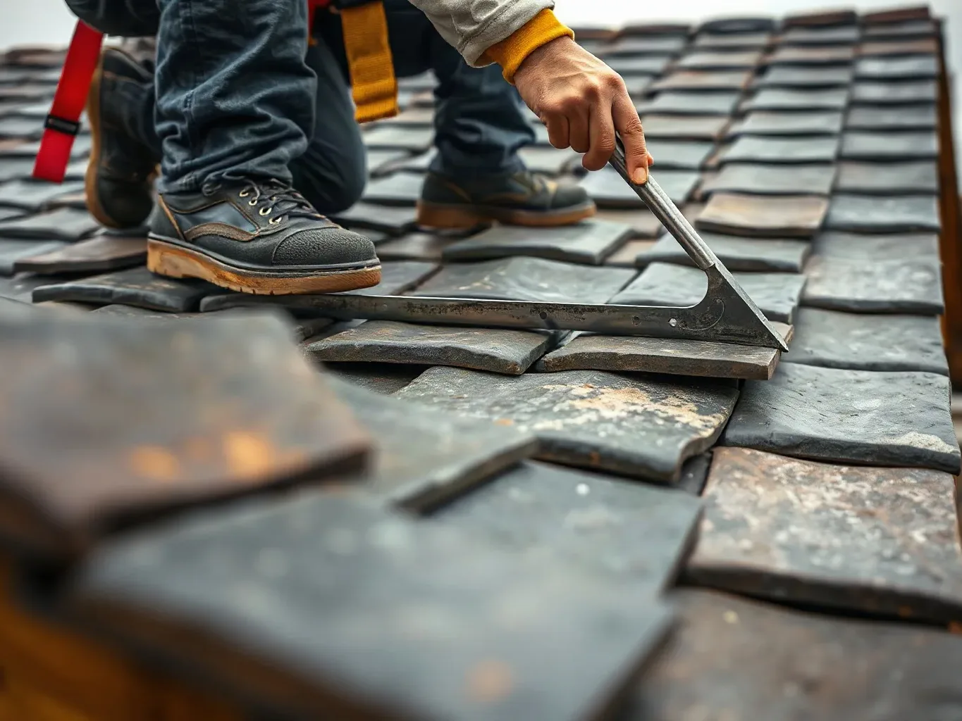 A roofer in a safety harness systematically lifting the edge of each slate tile along a course on a pitched residential roof with a metal roofing trowel to inspect the roofing felt underlayment beneath during a condition survey on a cloudy afternoon.