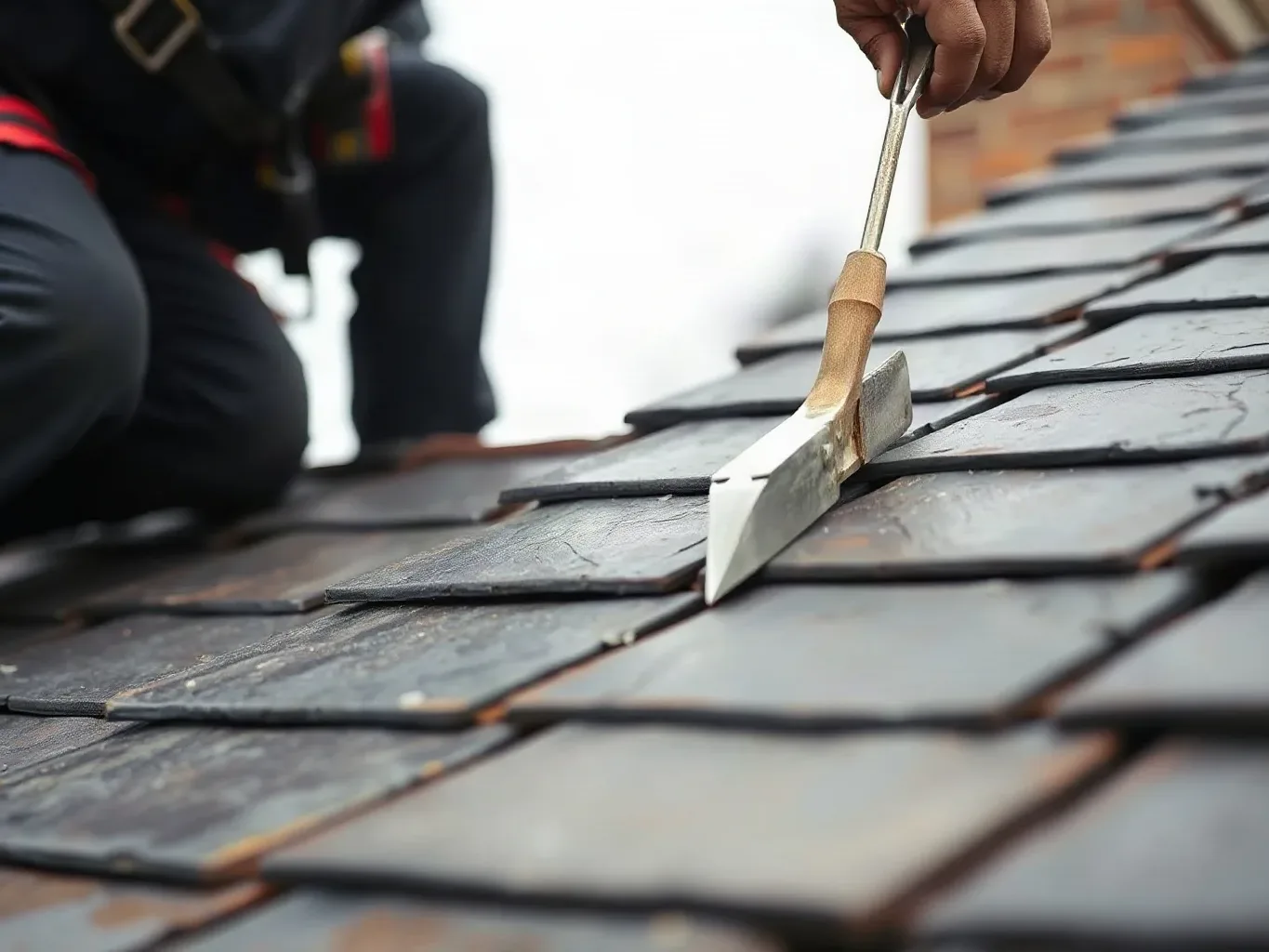 A roofer in a safety harness kneeling on a pitched residential roof and pressing the face of a slate tile to reveal a hairline crack that has widened at the nail hole through freeze-thaw action, metal roofing trowel in hand.