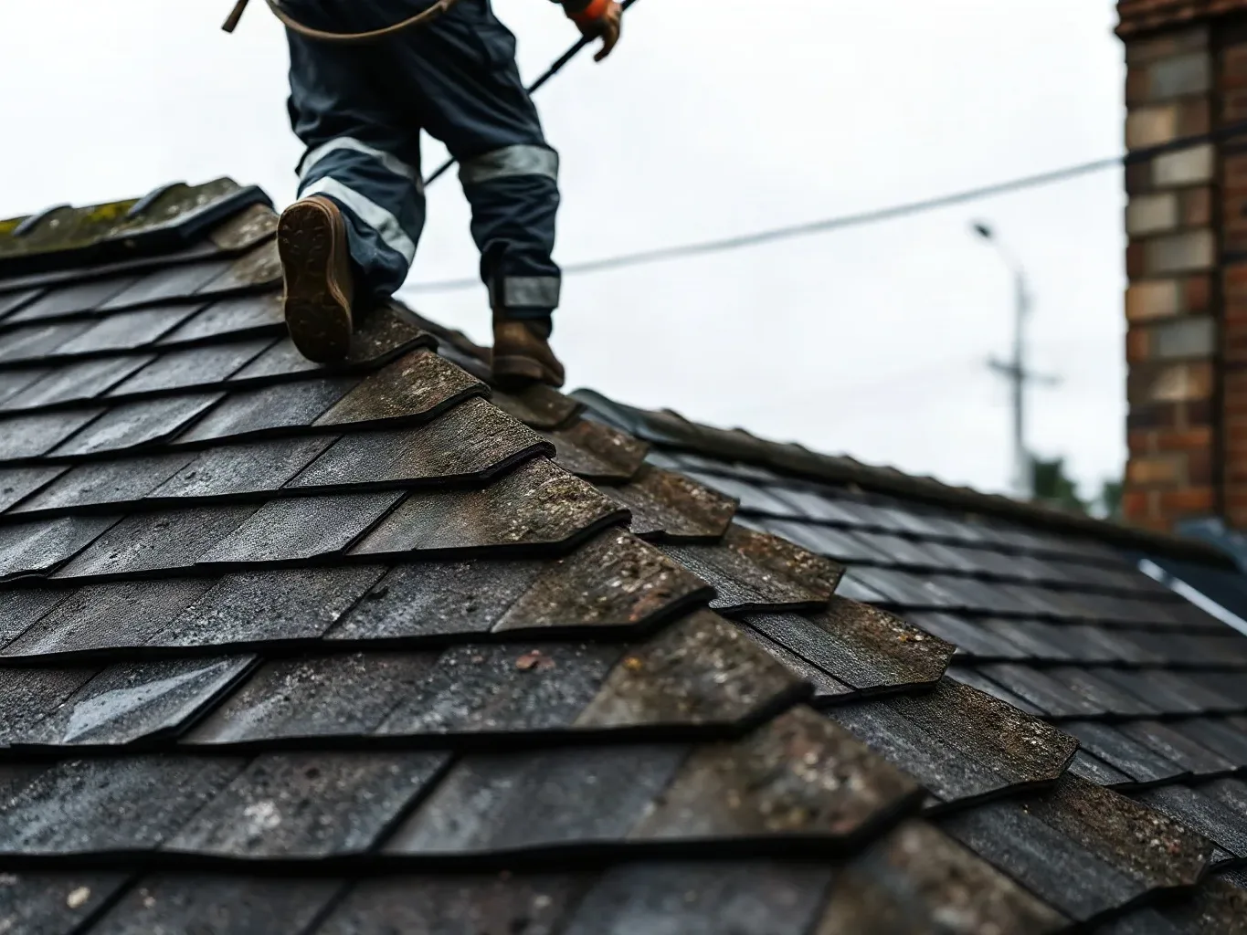 A roofer in full workwear standing at the ridge of a pitched residential roof and looking carefully down each slope in turn to identify any slates sitting proud of the surrounding course after a period of high winds on a grey overcast day.