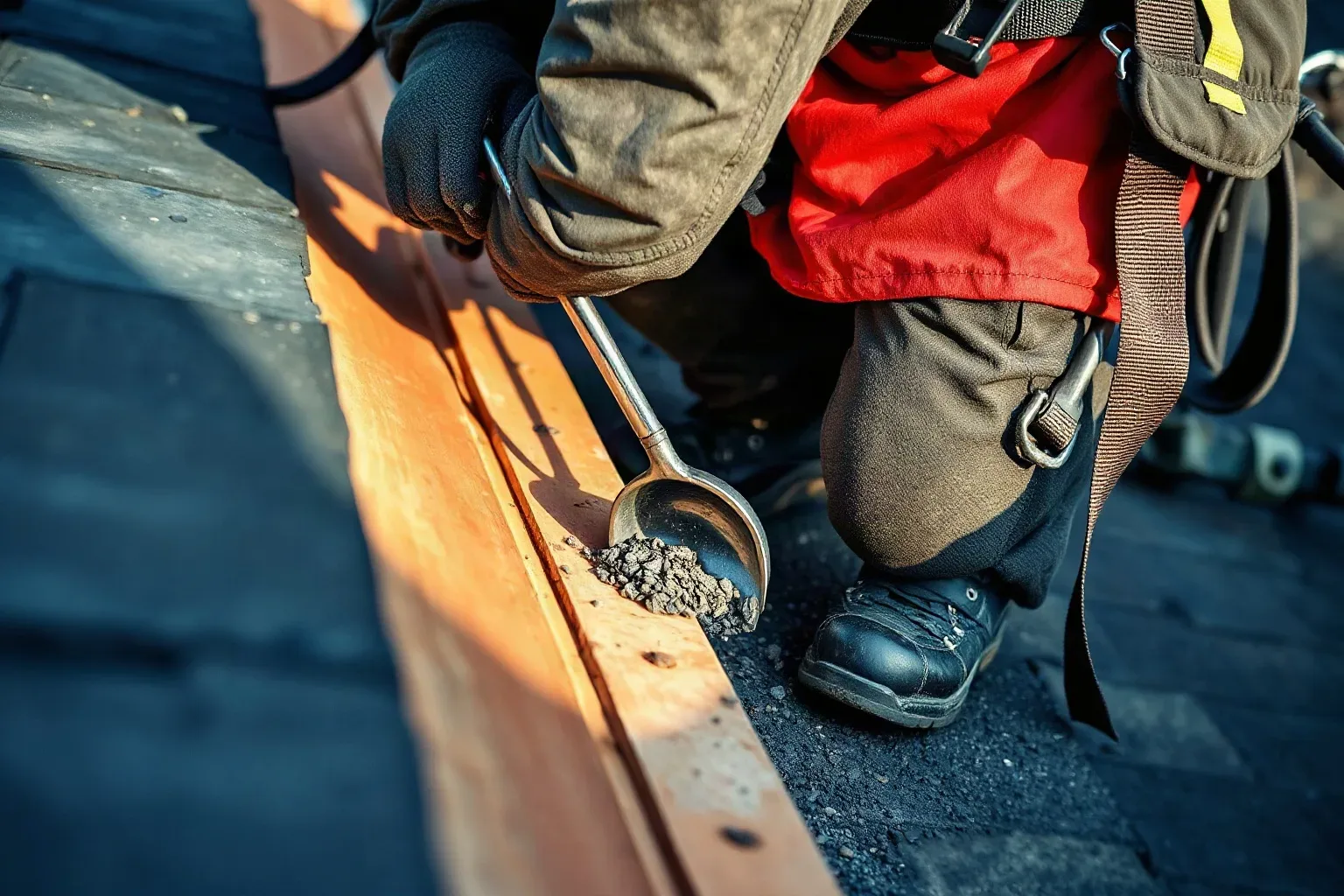 A roofer in a safety harness crouching at the eaves of a pitched residential roof and scooping slate granule debris from a gutter channel with a metal roofing trowel to check the volume of deterioration coming off the slate course above.