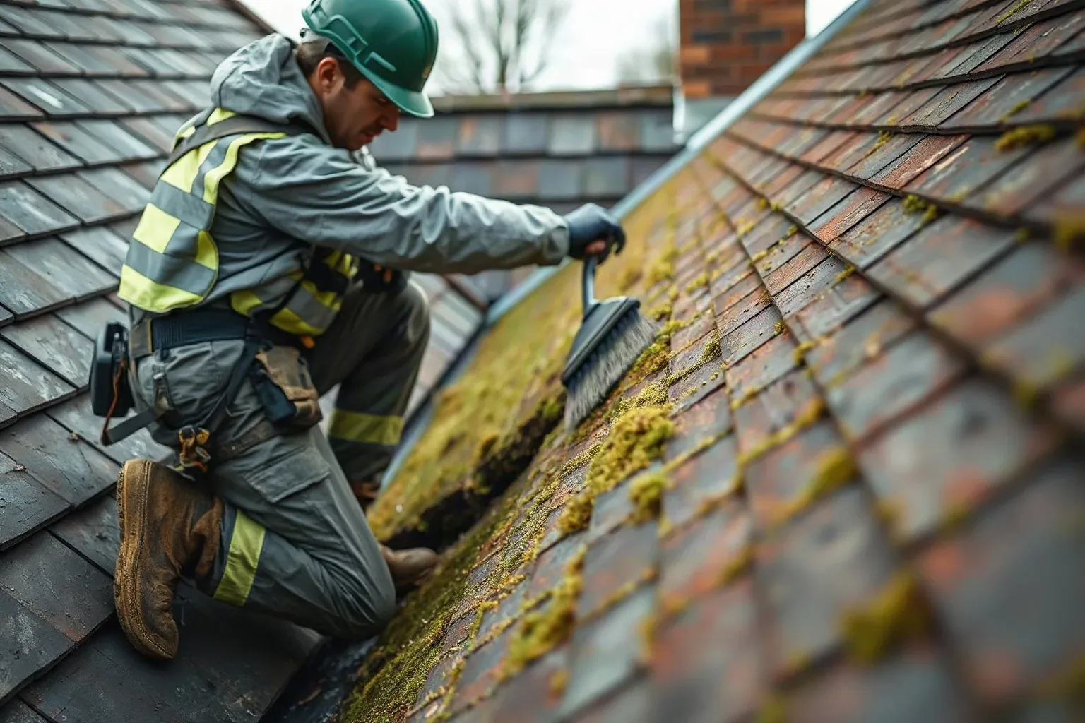 A roofer in full workwear kneeling on a pitched residential roof and applying a biocide treatment along a moss-covered valley between two slate-covered slopes using a wide brush, harness strap visible across their shoulder.