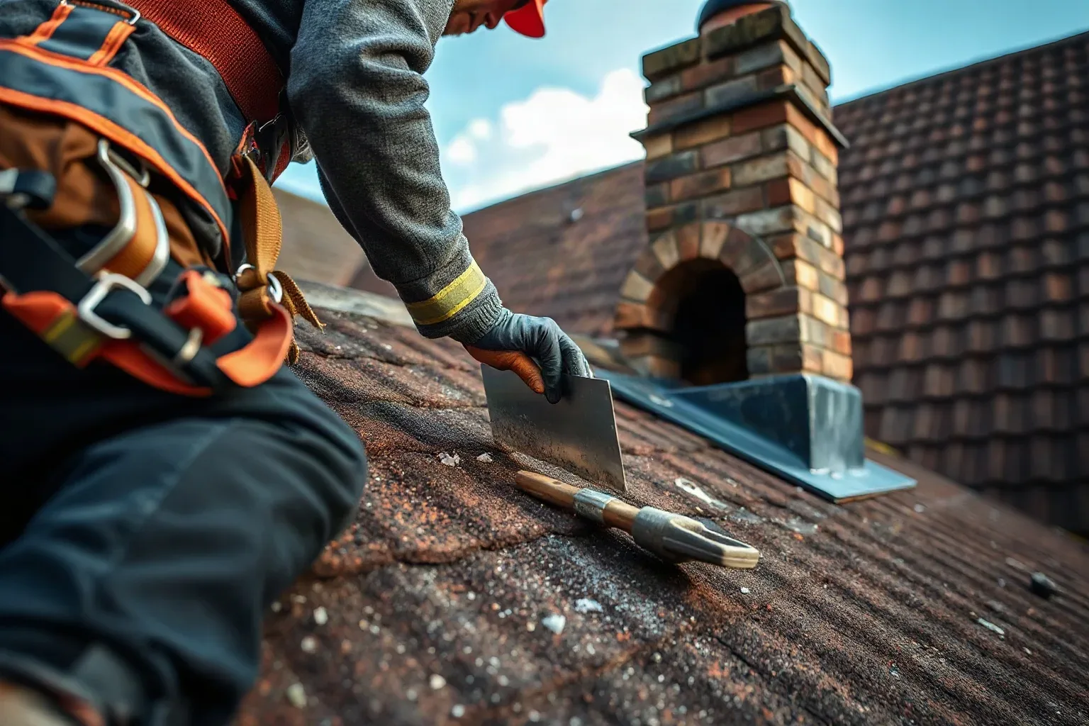 A roofer in a safety harness crouching on a pitched residential roof beside a chimney stack and using a metal roofing trowel to chip away spalling mortar from the lead flashing chase as an urgent first step before arranging permanent repair.