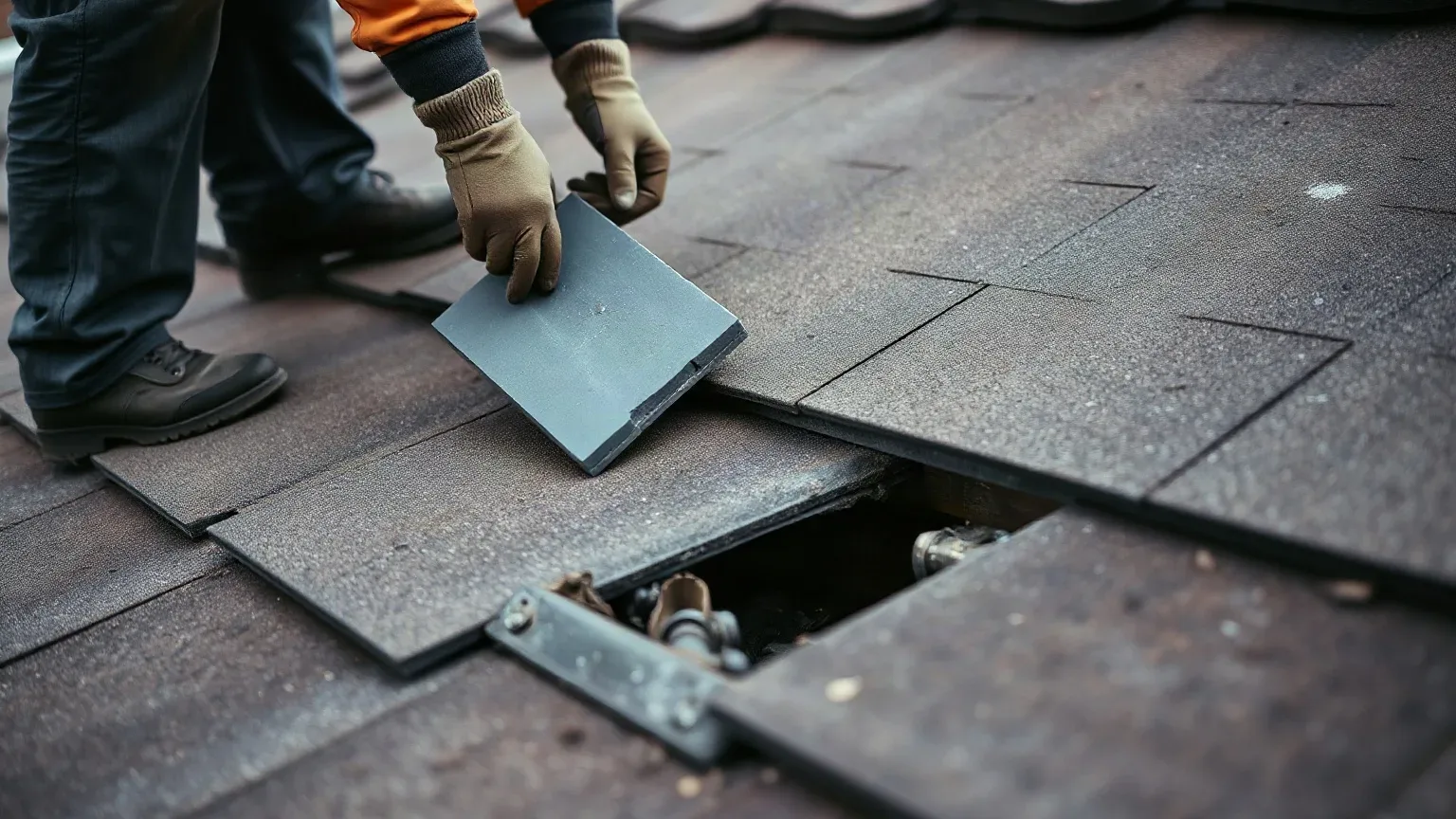 A roofer in full workwear standing mid-slope on a pitched residential roof and carefully sliding a fresh slate into a gap left by a recently removed cracked tile while the roofing felt underlayment is visible in the channel below the surrounding course.