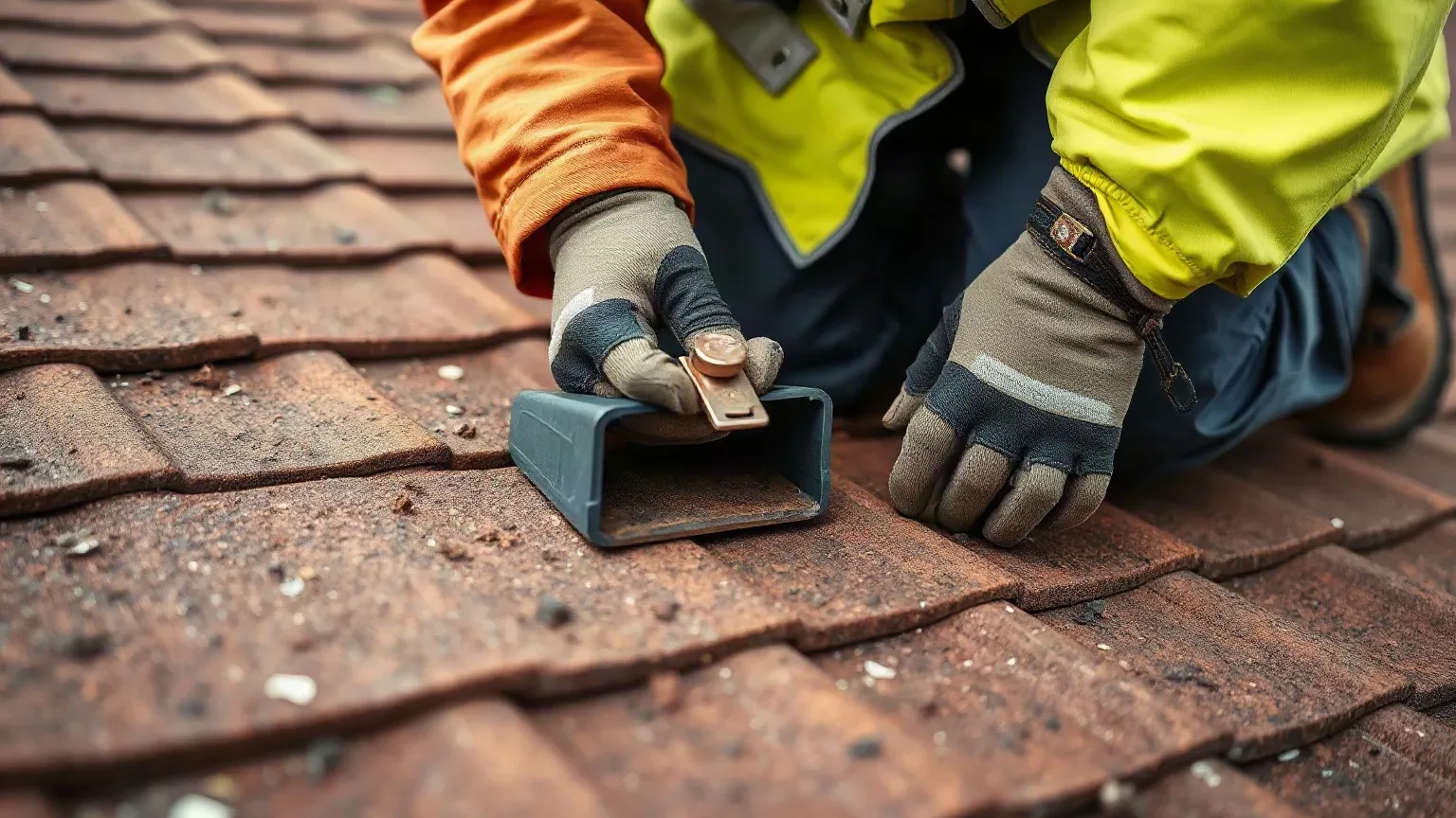A roofer in full workwear kneeling on a pitched residential roof and fitting a copper fixing clip beneath a clay tile before sliding the tile down into its correct position in the course.