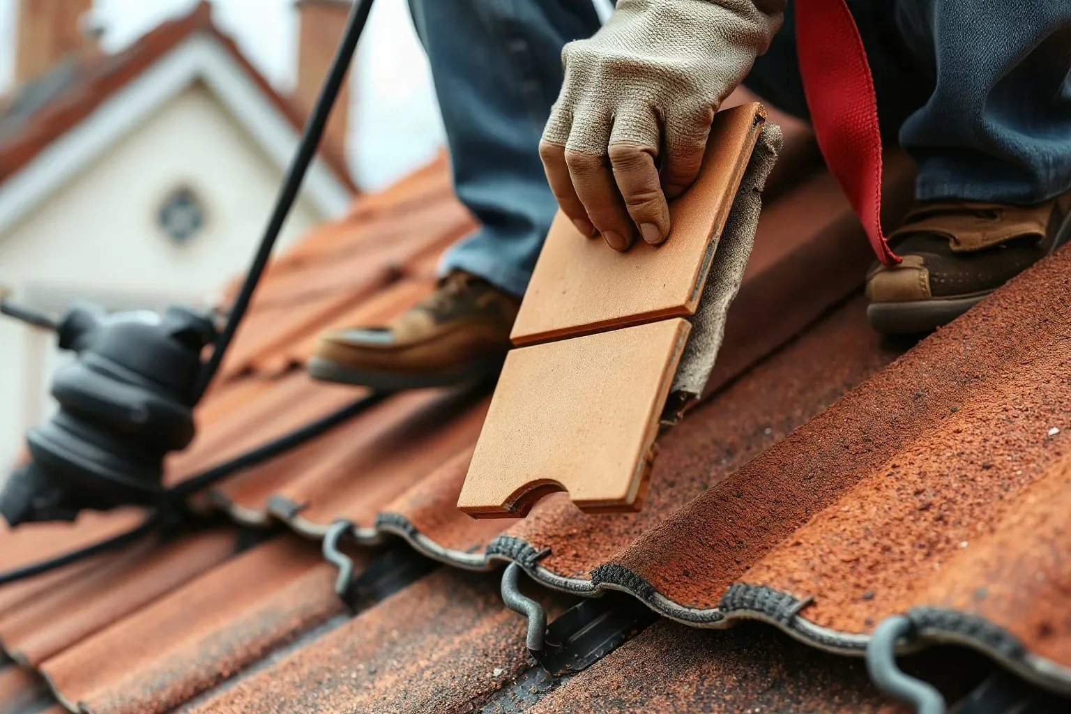 A roofer in a safety harness on a pitched residential roof holding a split clay tile that has delaminated along its cleavage plane, with the roofing felt underlayment visible through the gap below it.