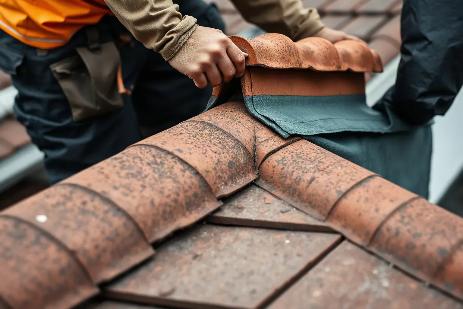 A roofer in workwear anchoring the upper edge of a heavy-duty tarpaulin beneath a clay ridge tile on a pitched residential roof to seal the top of the tarp against wind-driven rain.