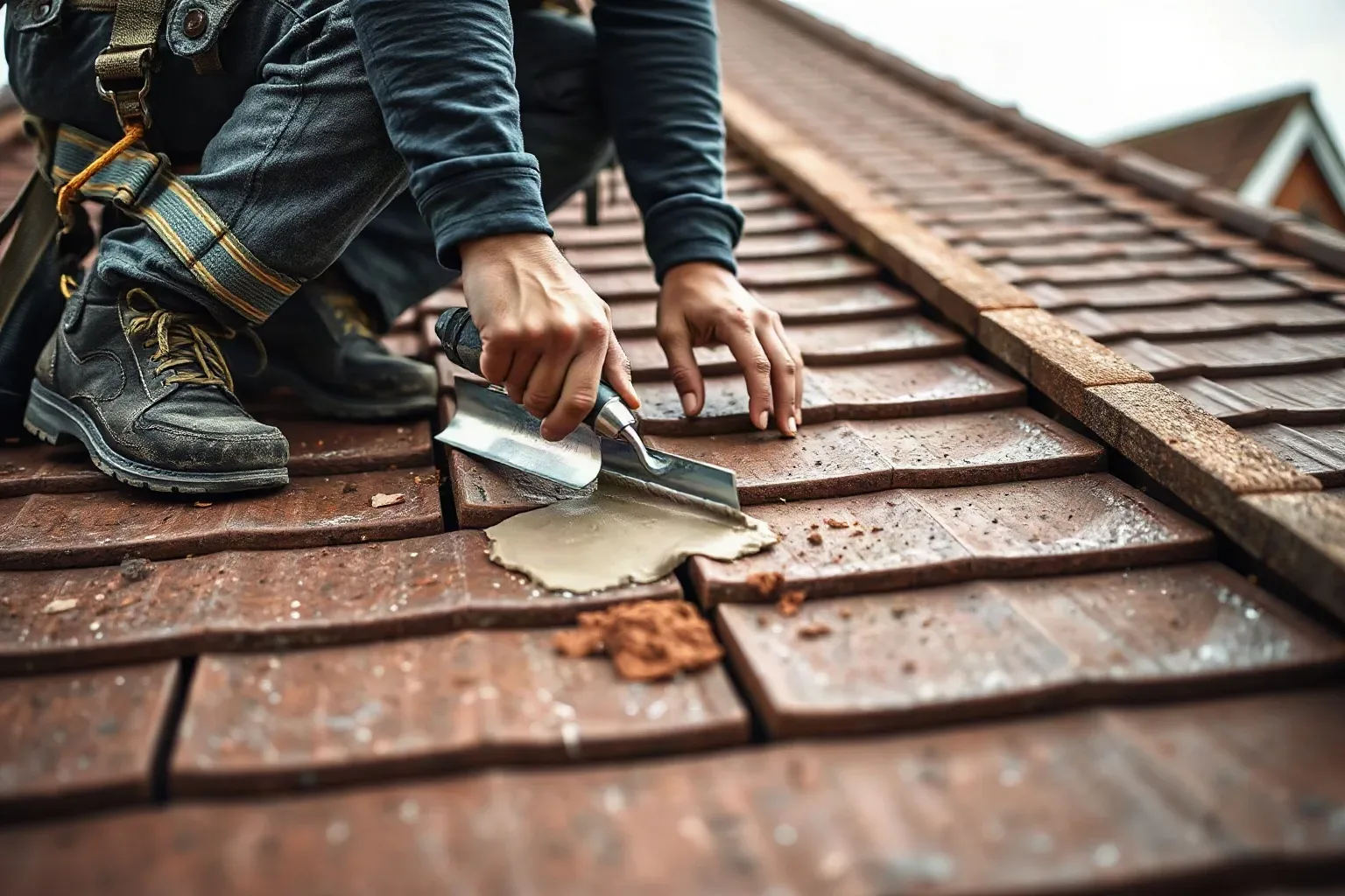 A roofer in a safety harness crouching on a steep pitched residential roof and using a metal roofing trowel to spread fresh mortar along the batten before setting a heritage clay tile into position.