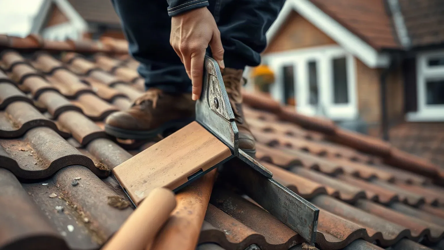 A roofer in full workwear standing on a pitched residential roof and tapping a clay tile with the end of a slate ripper tool handle to listen for the hollow sound that indicates it has come loose from its fixing.