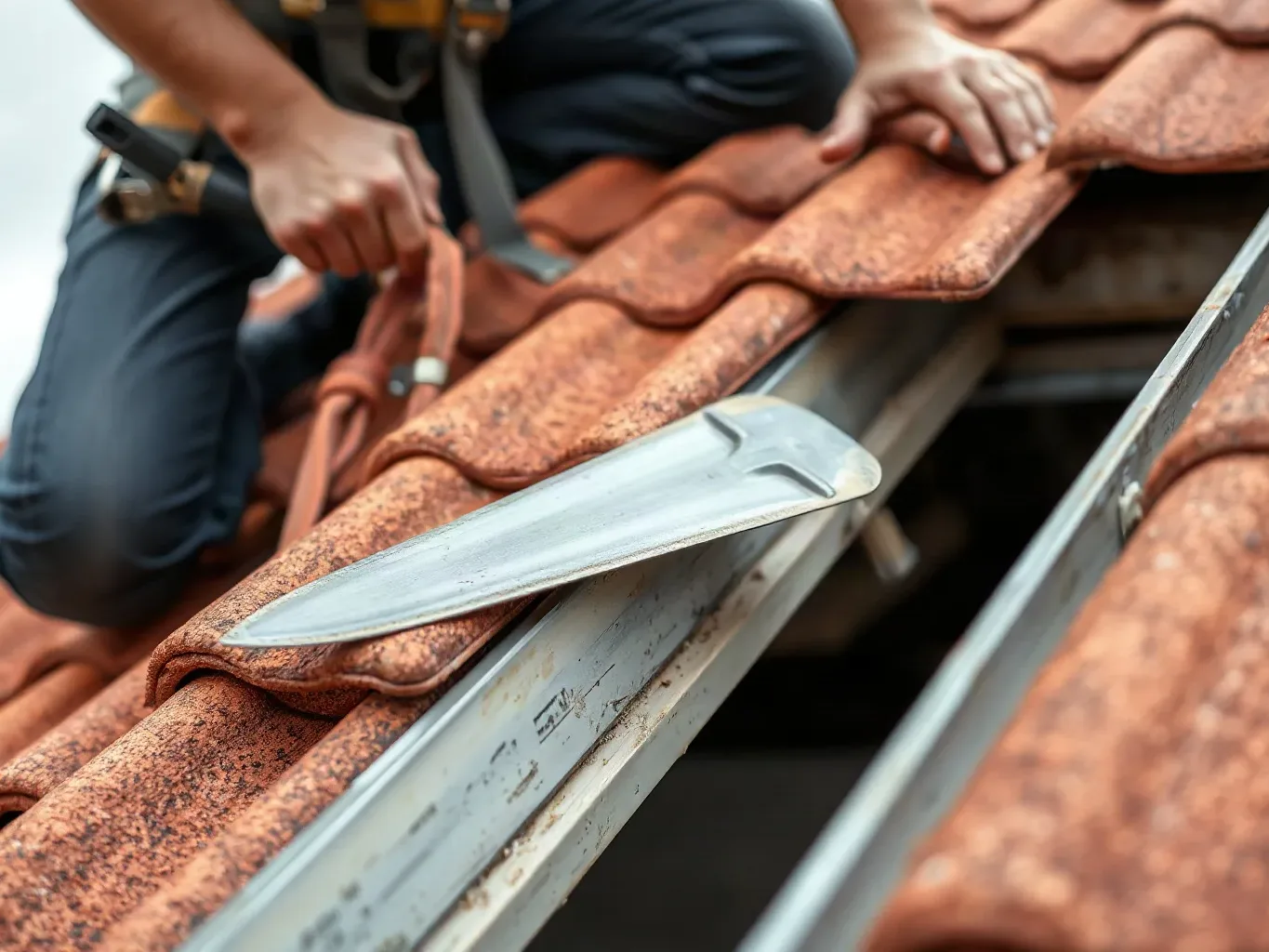 A roofer in a safety harness pressing a freshly sourced clay tile into a course on a pitched residential roof, with a metal roofing trowel resting against the adjacent tile and roofing felt underlayment visible in the open bay below.