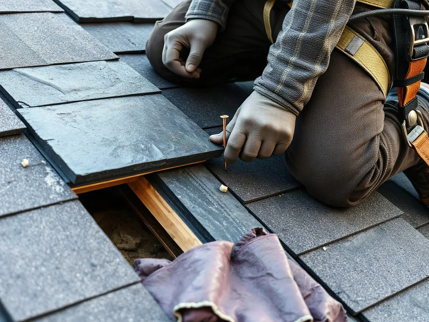 A roofer in a safety harness kneeling on a pitched residential roof and threading a copper nail through the hole in a fresh slate before sliding it upward beneath the overlapping course above, roofing felt underlayment visible in the open section below.
