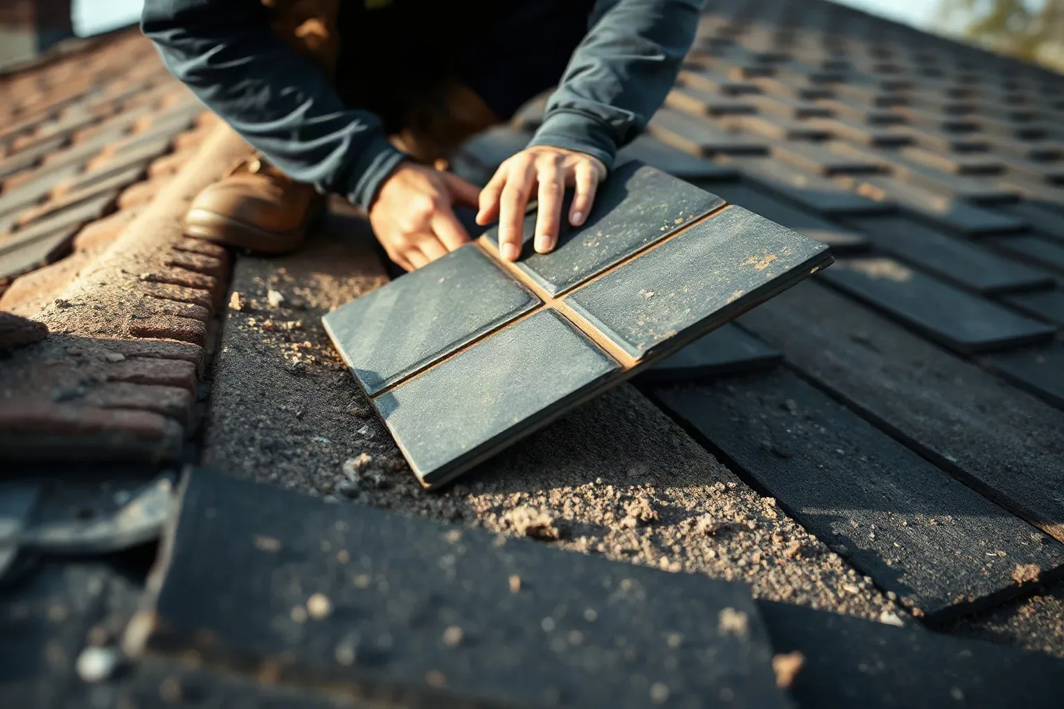 A roofer in full workwear crouching on a pitched residential roof and holding a reclaimed slate tile against the existing course to verify it is the correct size and thickness before committing to the replacement.