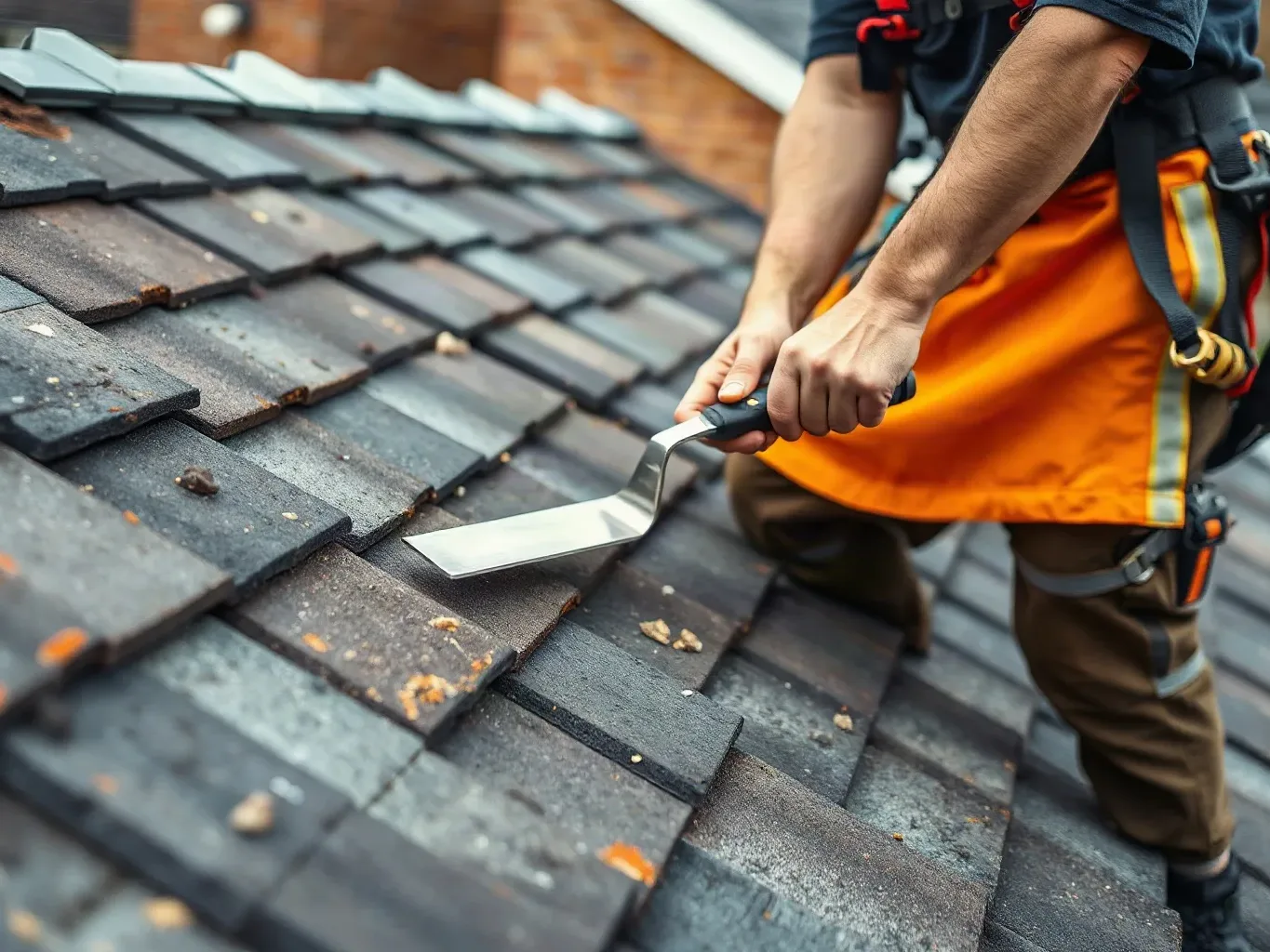 A roofer in a safety harness standing mid-slope on a pitched residential roof and using a metal roofing trowel to tap along a run of slates to identify hollow-sounding tiles that have lost their fixing during a pre-repair condition assessment.
