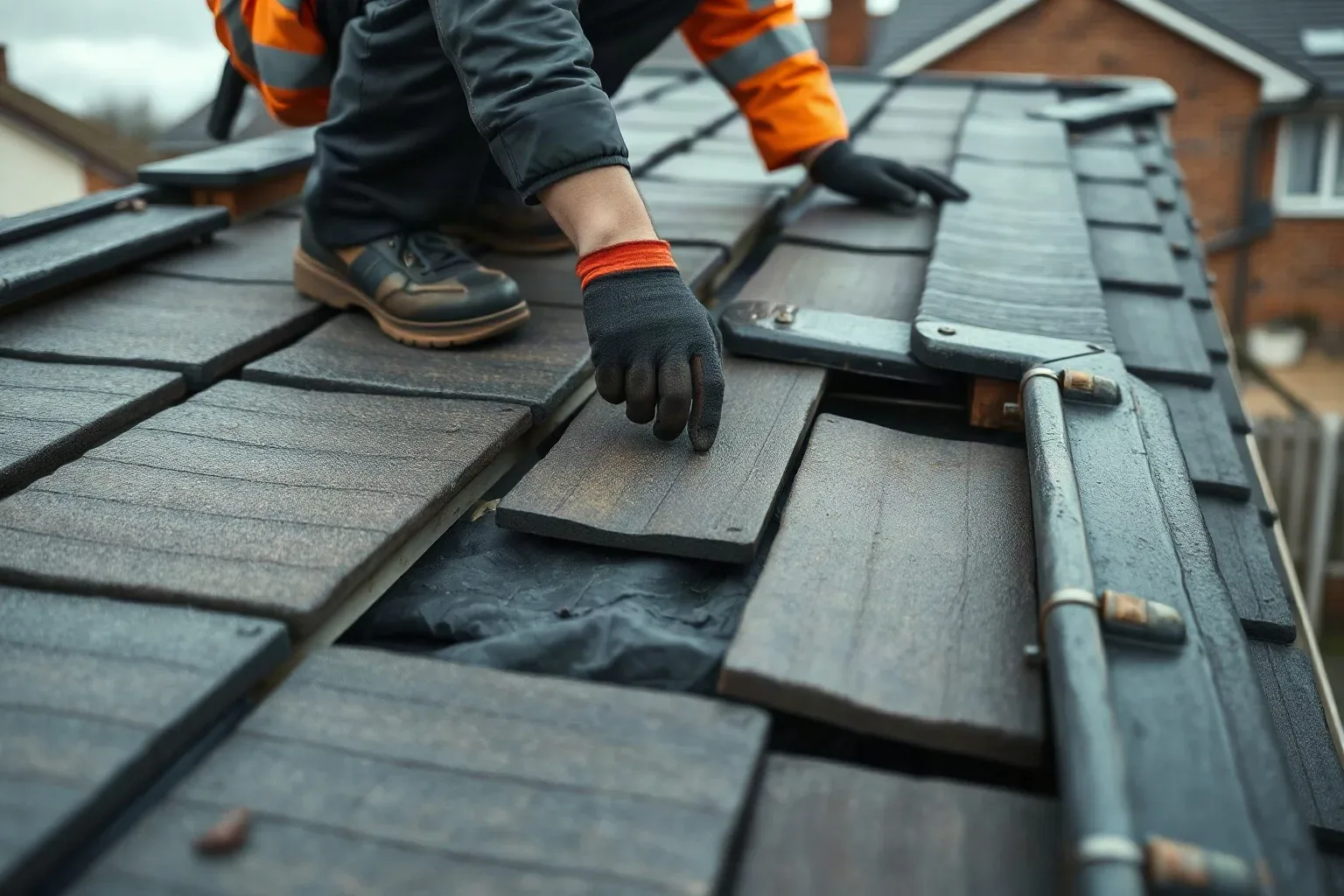 A roofer in full workwear crouching on a pitched residential roof and pointing to a section where three adjacent slates have slipped downward out of their courses, exposing the roofing felt underlayment beneath on a damp grey afternoon.